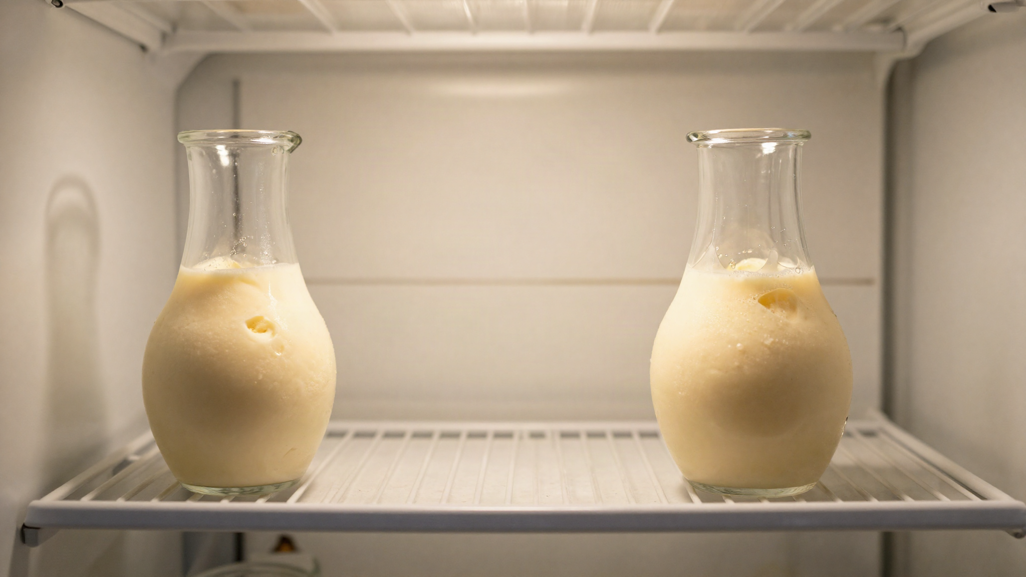 Covered glass jug of pale gelato base resting on a refrigerator shelf overnight