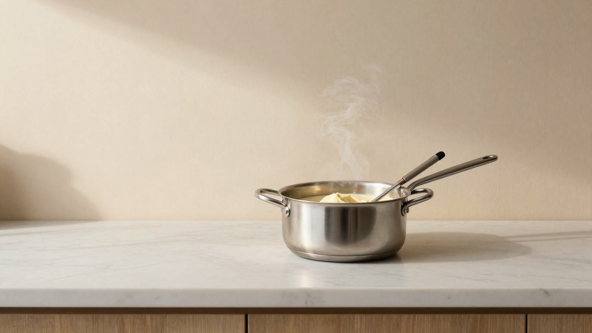 Stainless steel saucepan of warm pale gelato base with a probe thermometer resting in it, gentle steam rising