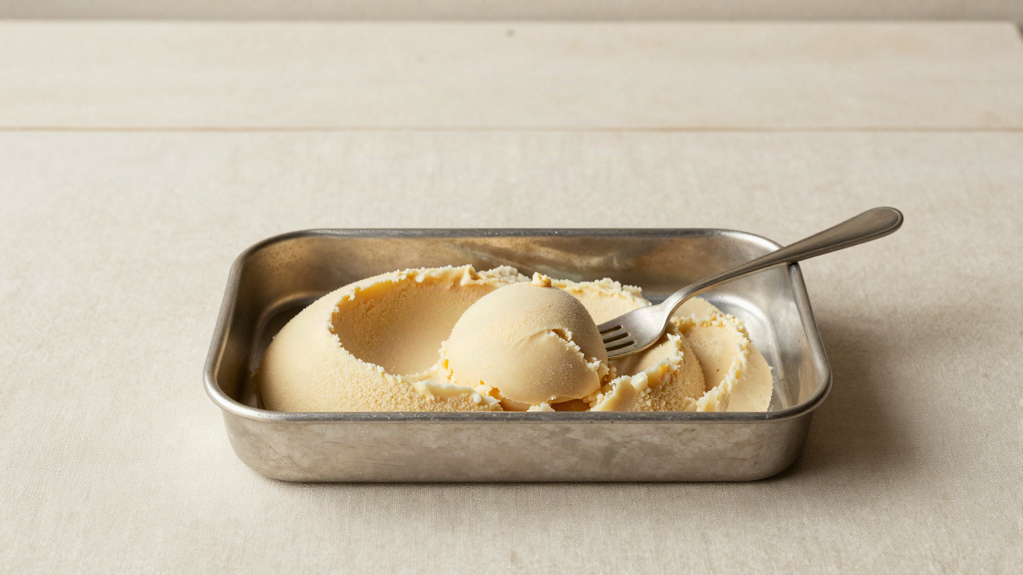 Shallow rectangular metal tray of partly frozen pale gelato mix on cream linen with a metal fork resting beside it