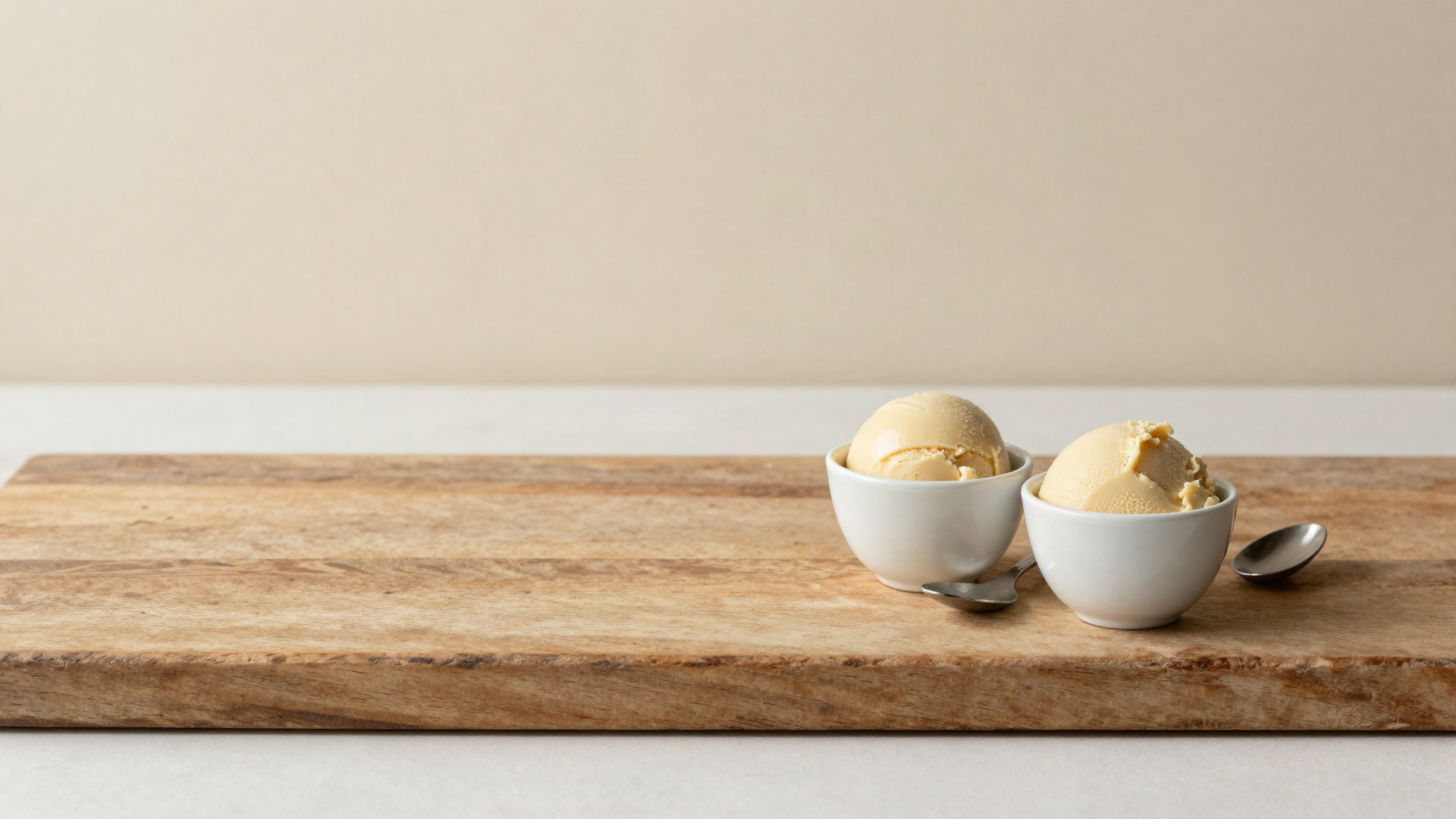 Two small white ceramic cups of pale fiordilatte gelato on aged wood with two small spoons resting alongside