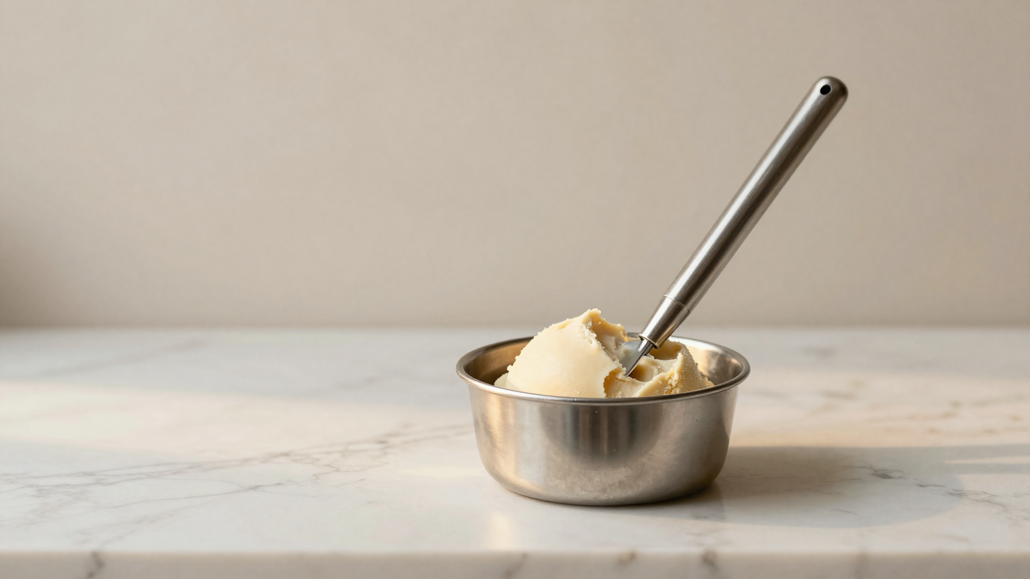 A stainless steel temperature probe in a small batch of pale gelato mix on marble