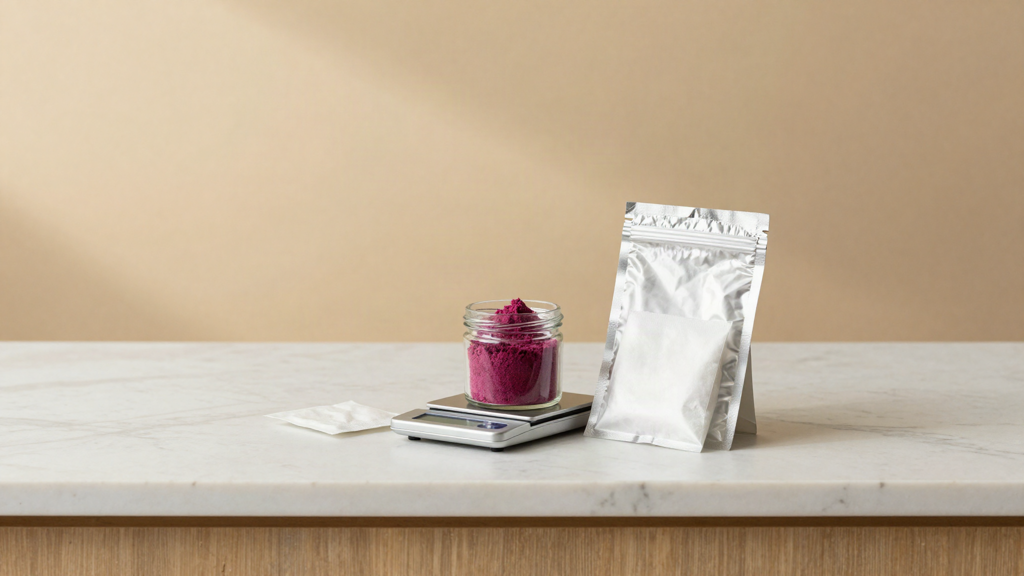 A small jar of magenta freeze dried fruit powder on a digital scale beside a sealed foil pouch and a desiccant sachet