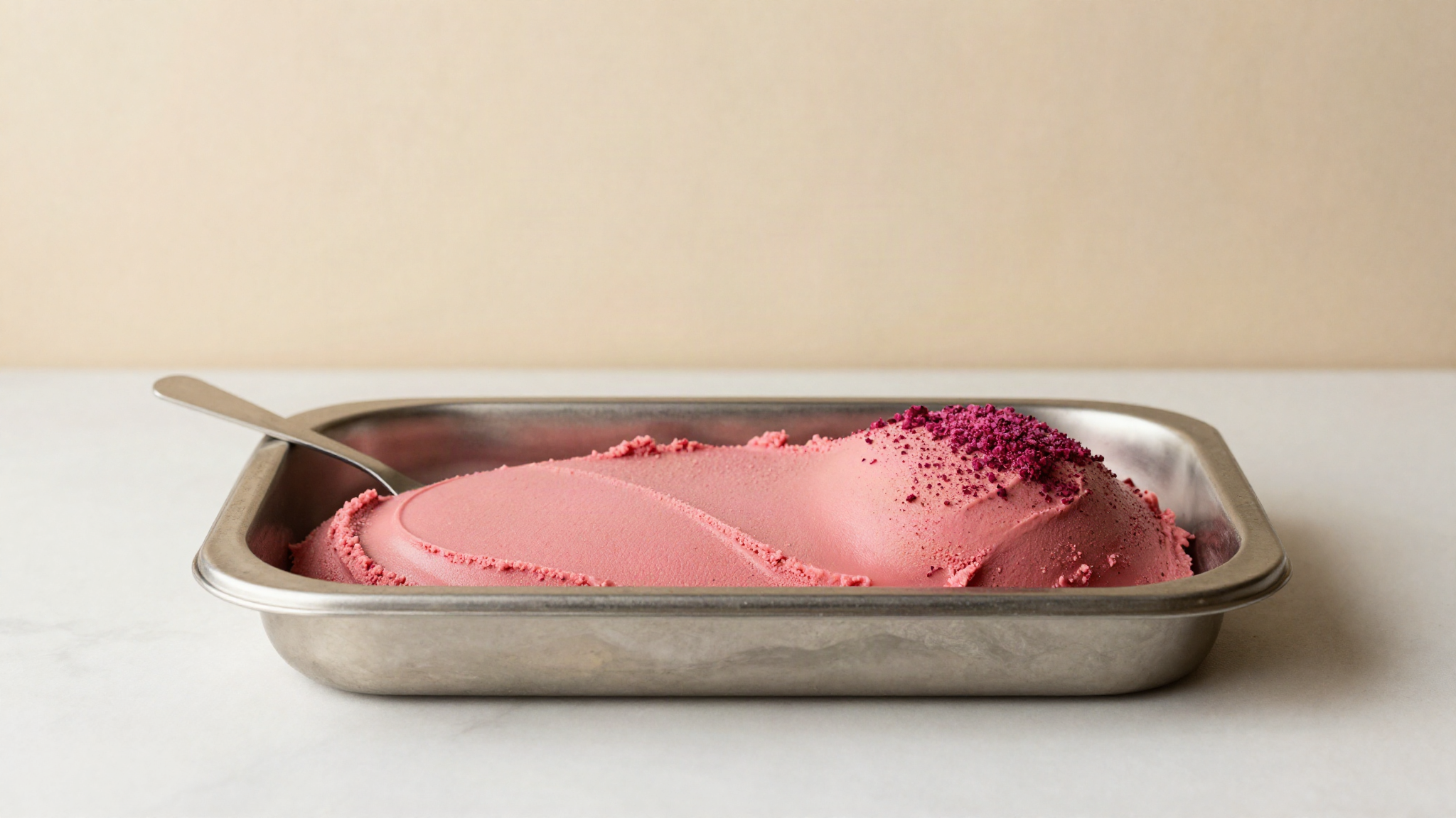 A stainless steel gelato pan of intensely pink raspberry gelato smoothed with a spatula