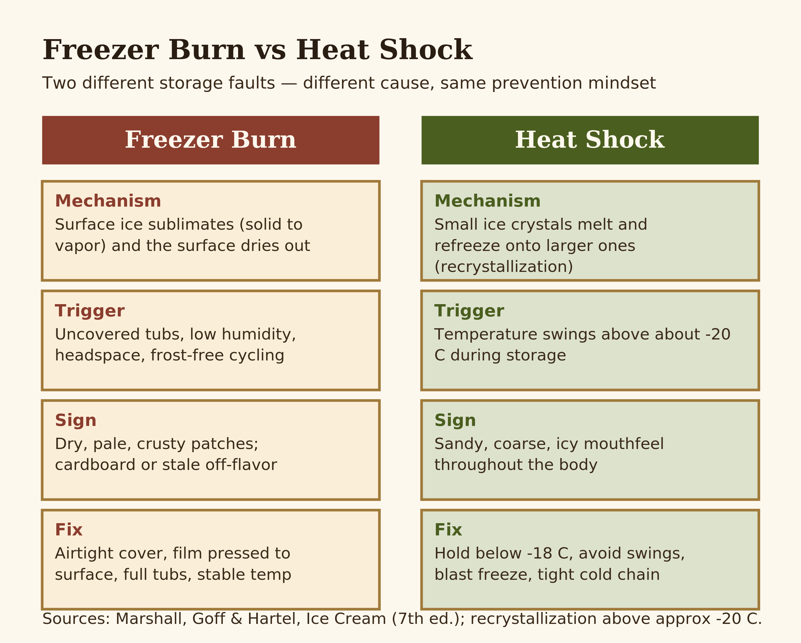 Comparison table of freezer burn versus heat shock causes and fixes