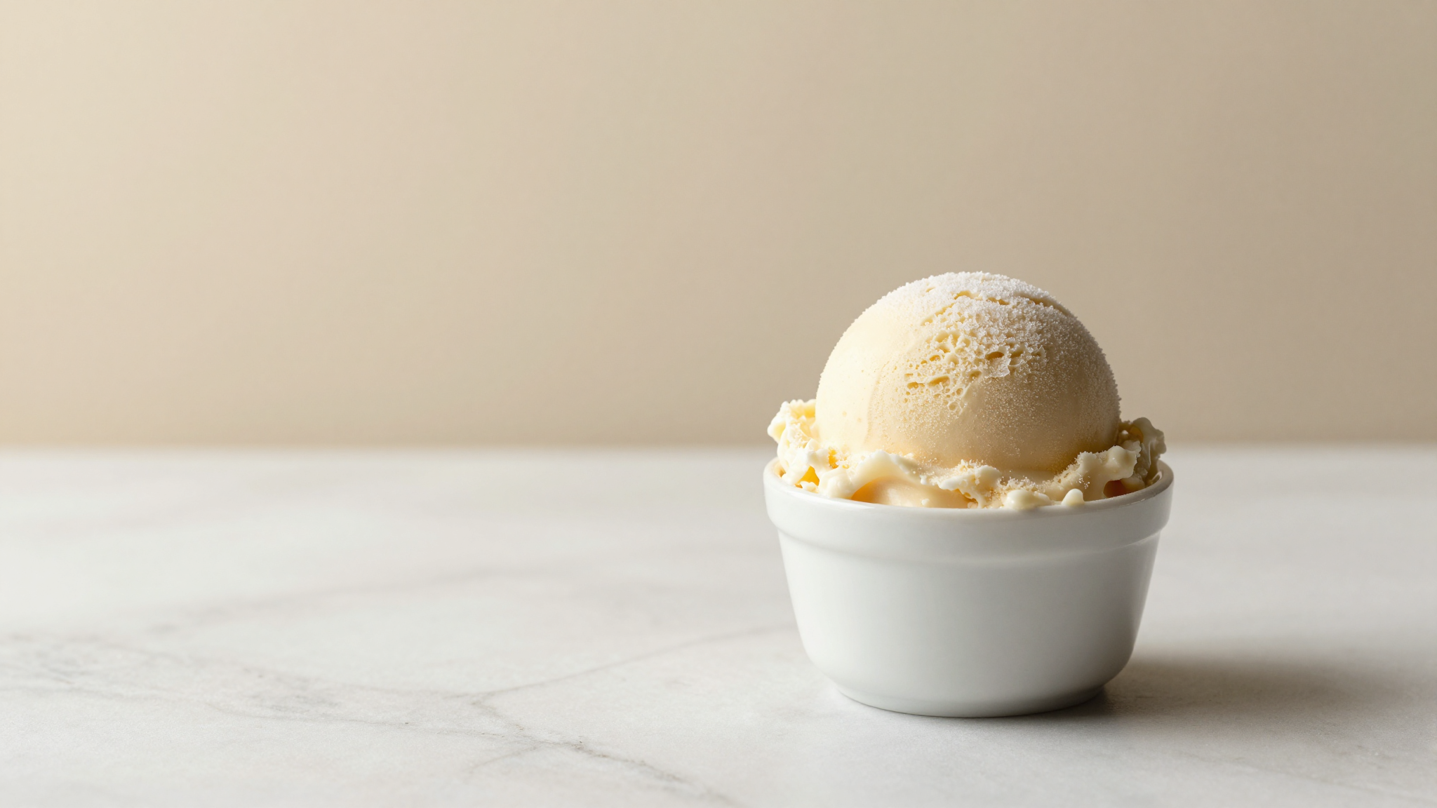 Frosted scoop of gelato in a white cup on marble showing surface ice crystals