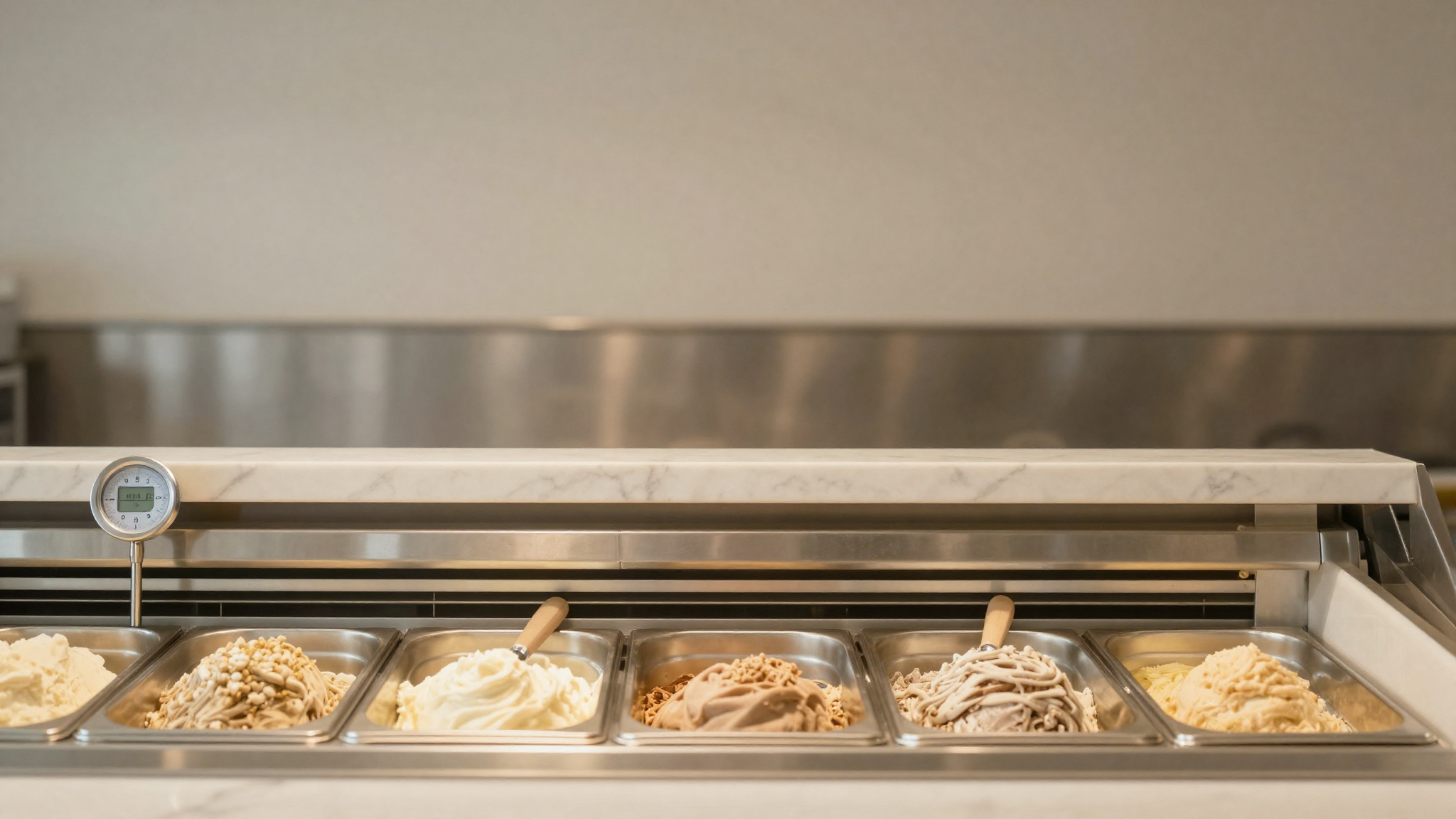 Italian gelato showcase with stainless pans and a digital probe thermometer
