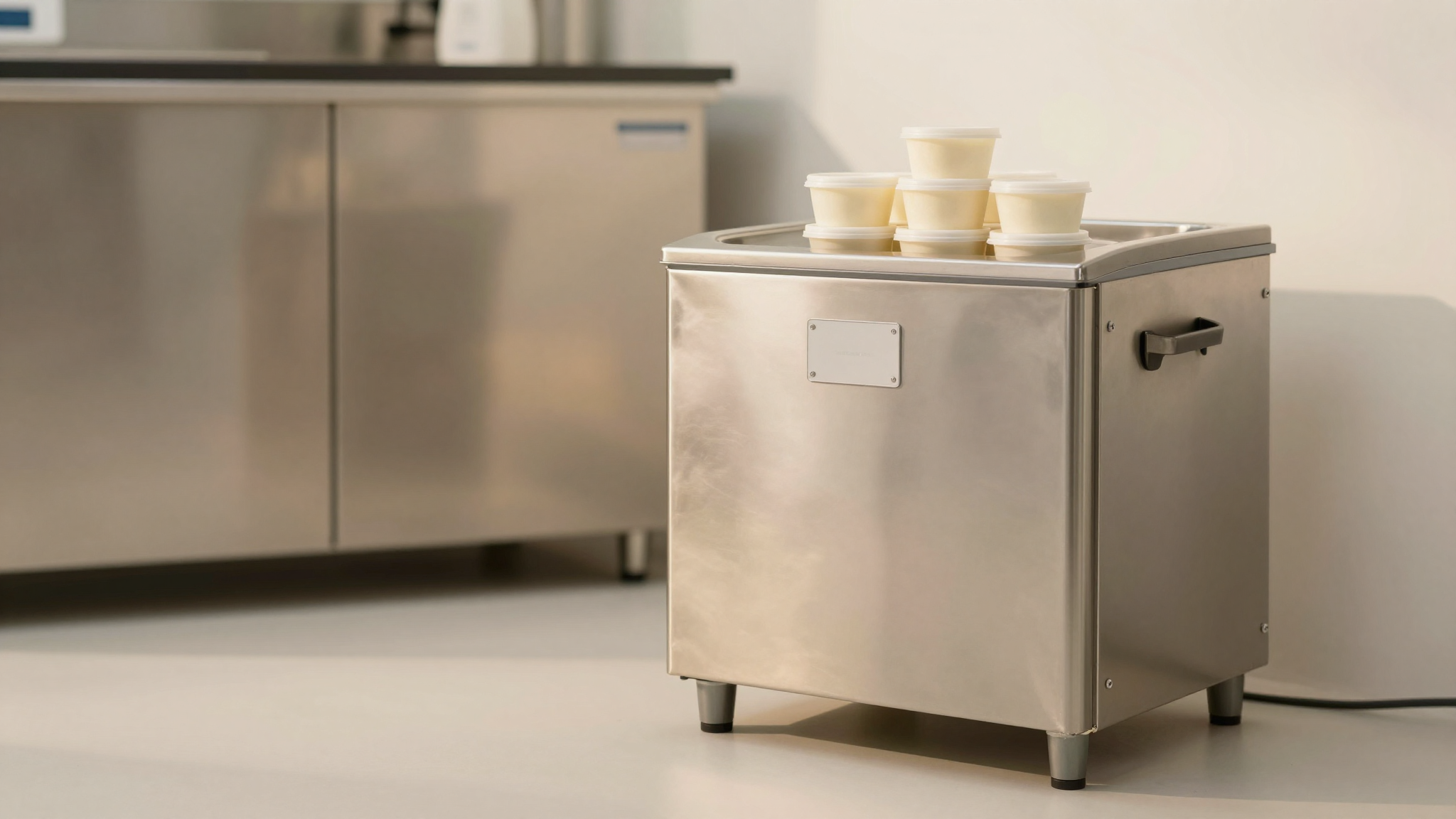 Blast chiller with labeled covered gelato tubs in a clean lab