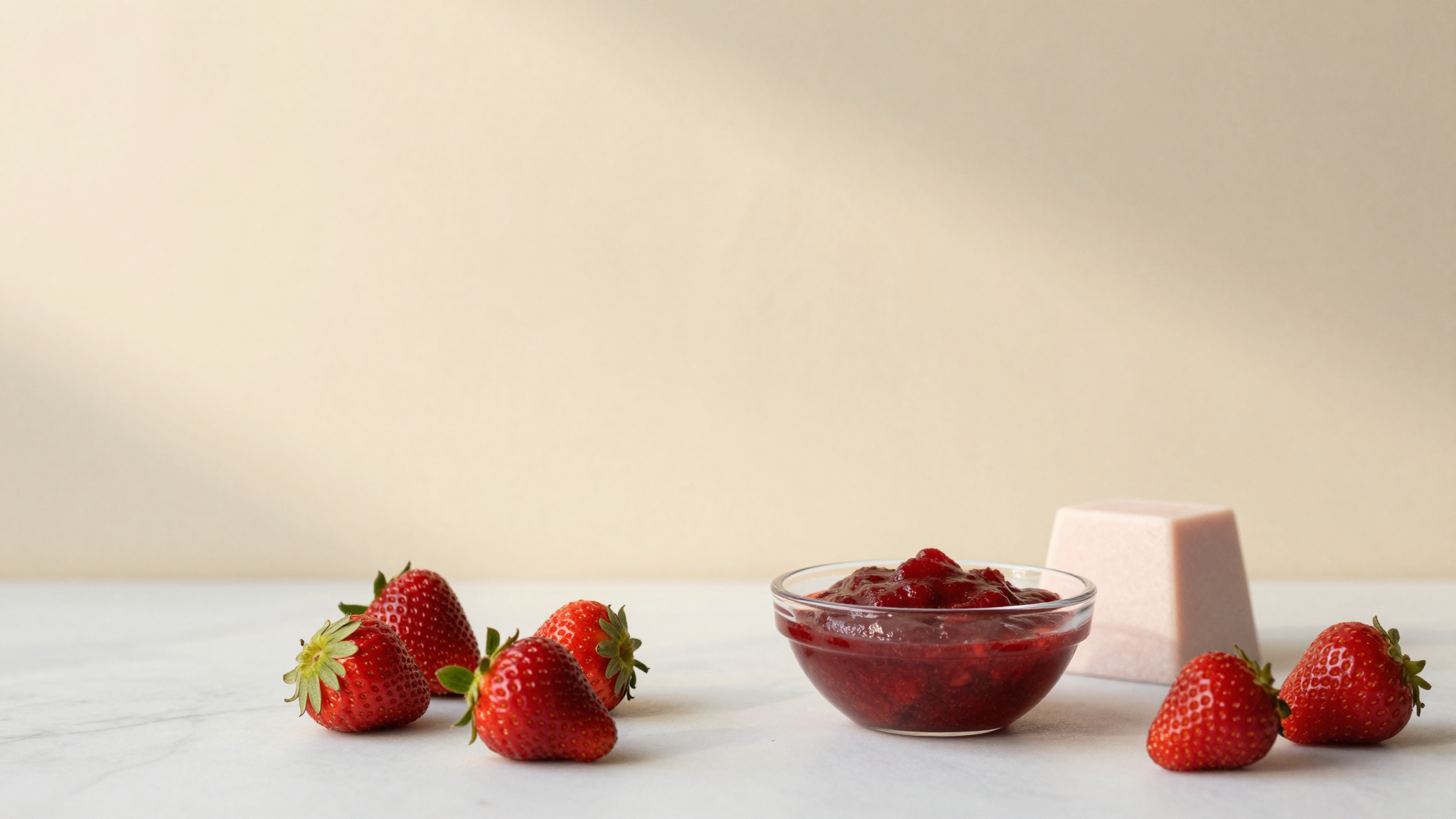 Fresh strawberries beside a small bowl of strawberry puree and a frozen puree block on marble