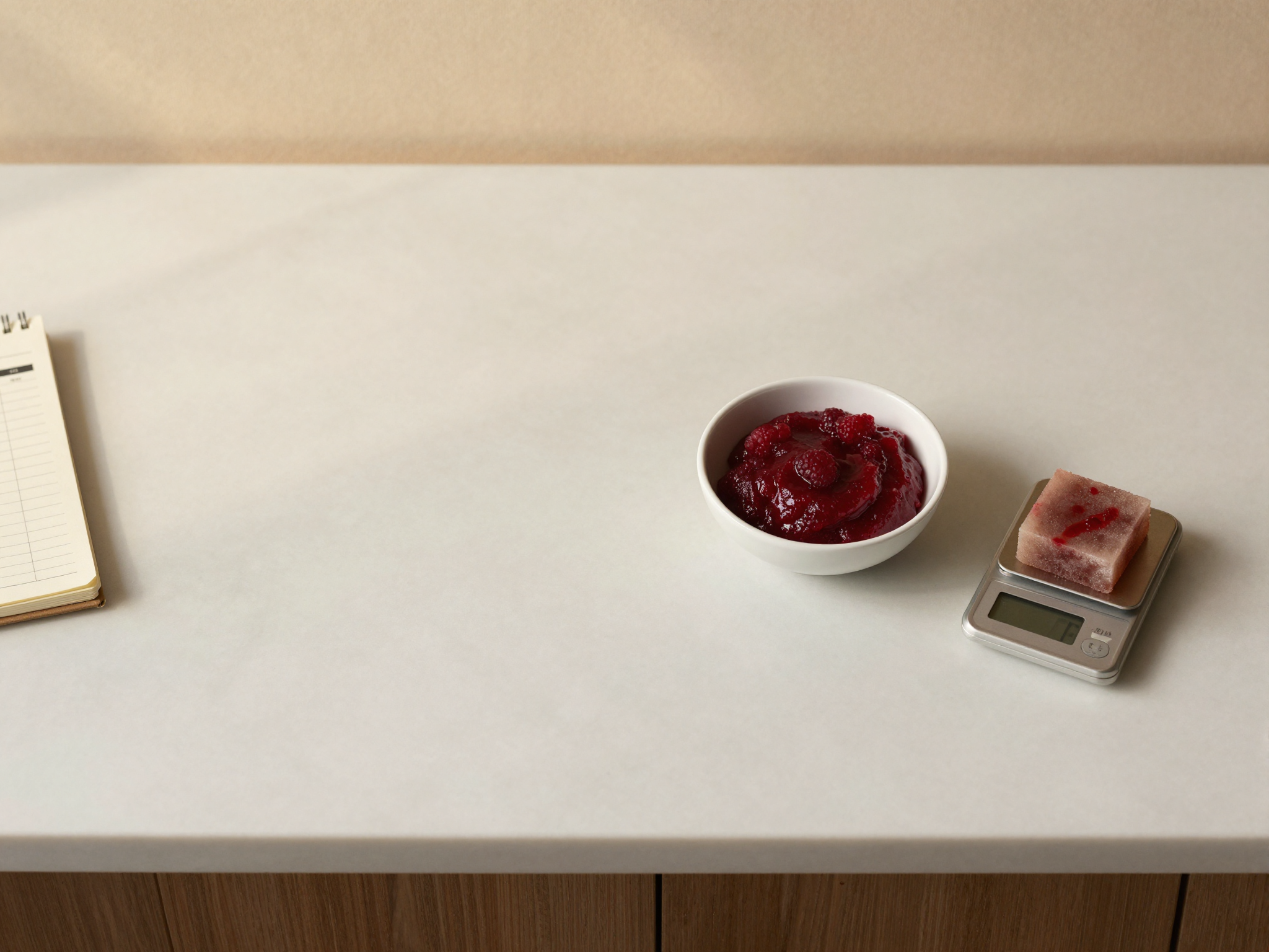 Top-down view of raspberry puree dish next to a frozen puree block partially defrosted, scale and notebook visible