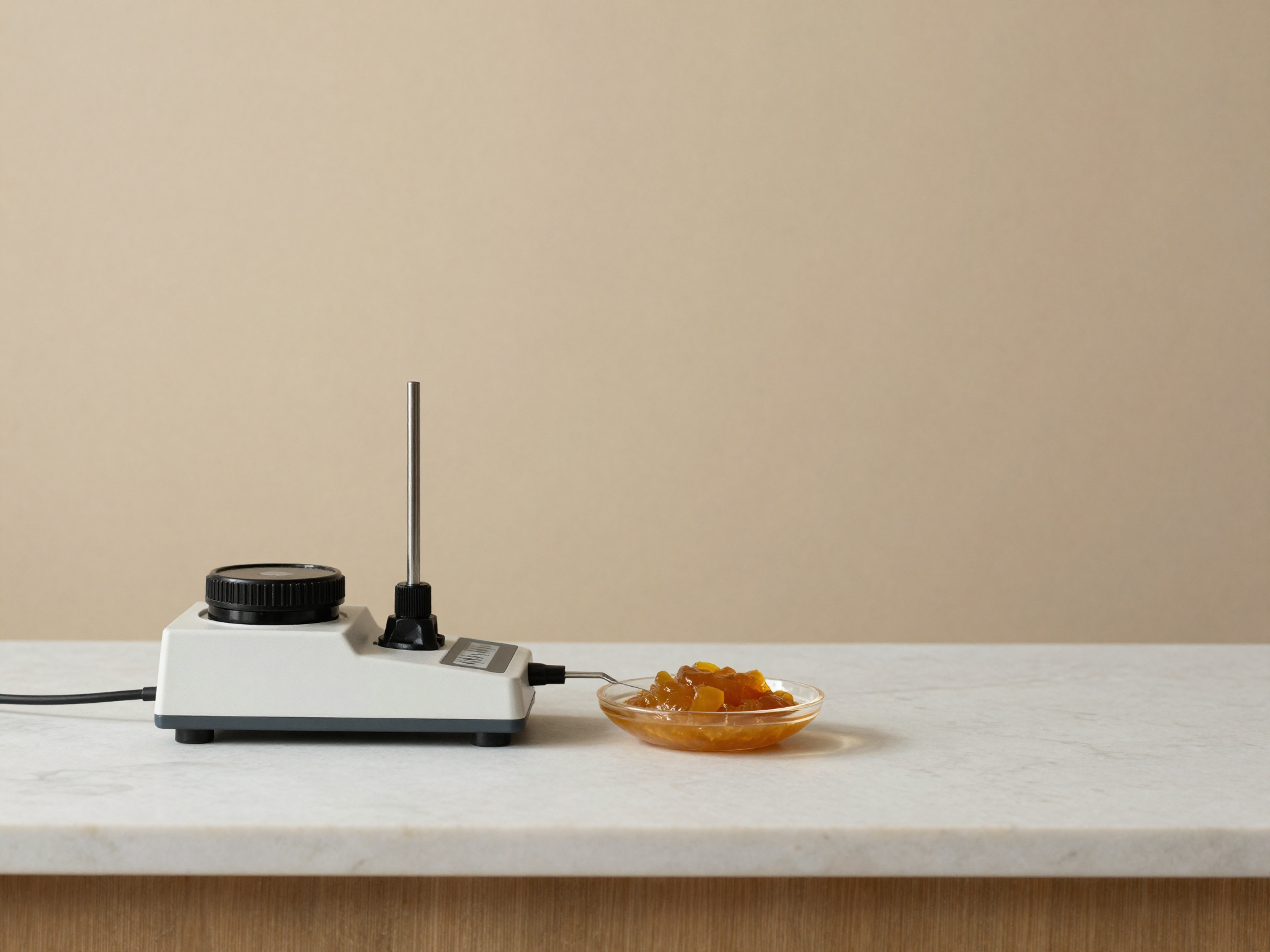 A refractometer beside a small dish of fruit puree being measured for Brix sugar concentration