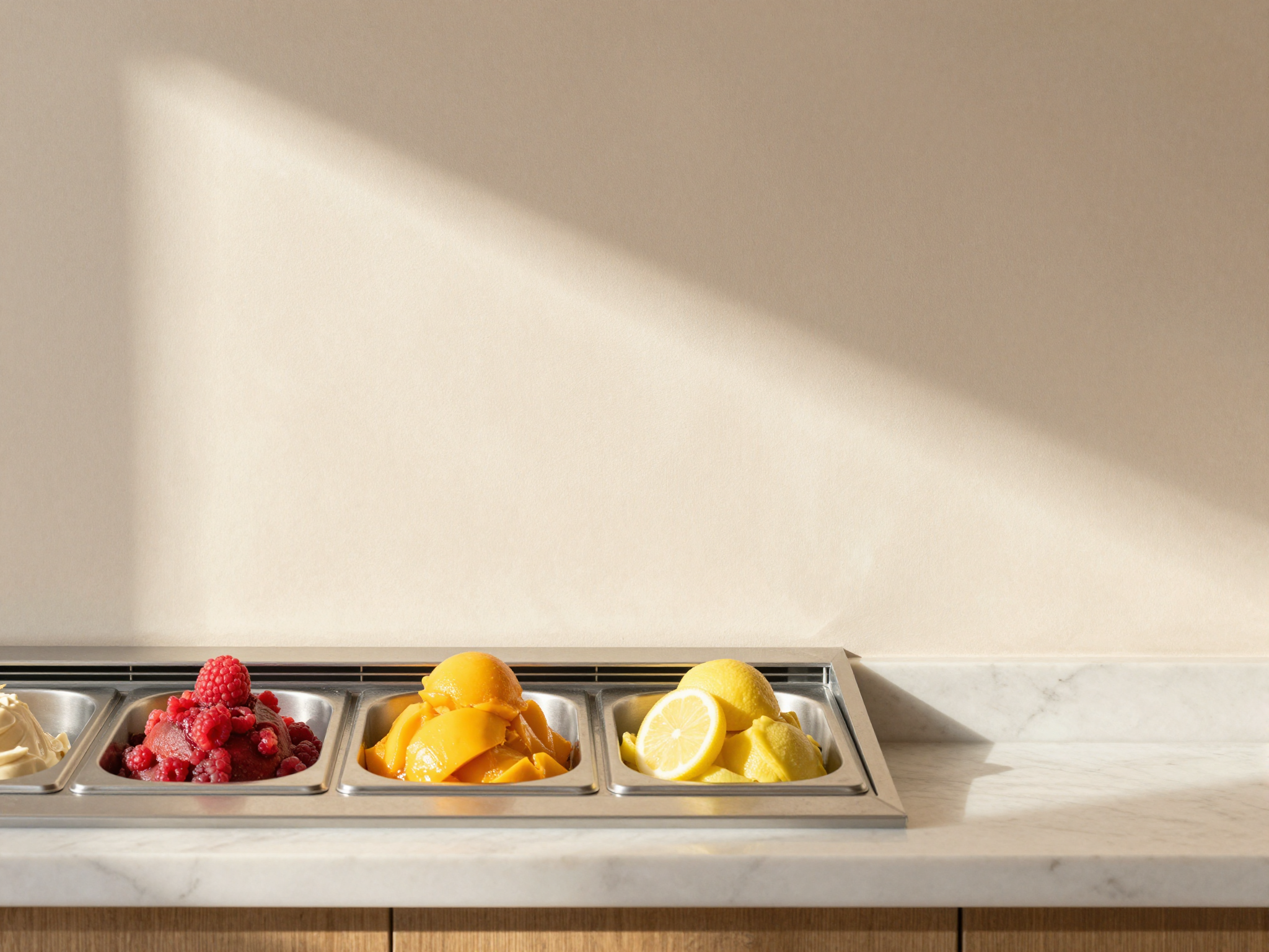 A clean italian gelato display showcase with three small open bins of sorbetto in raspberry mango and lemon