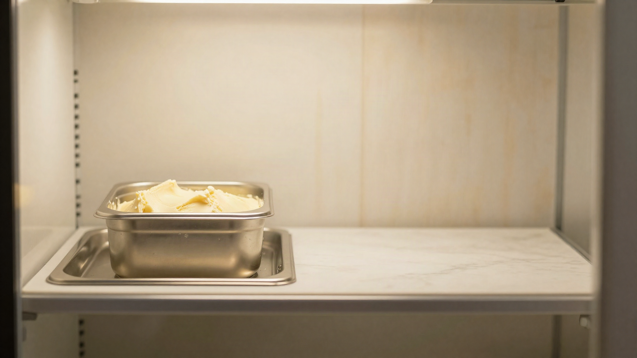 A covered stainless steel container of pale gelato base resting on a shelf inside a cold gelato lab refrigerator