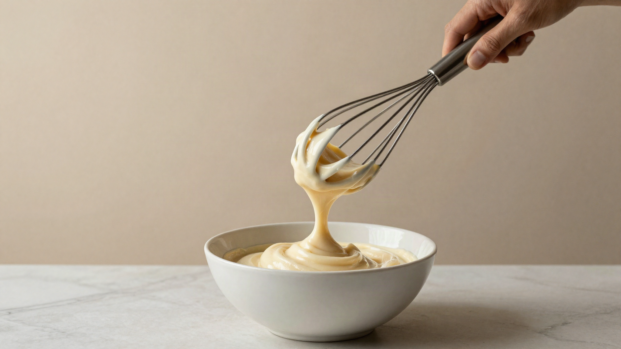 A stainless steel whisk lifting out of a bowl of smooth pale gelato base with a thick glossy ribbon falling back