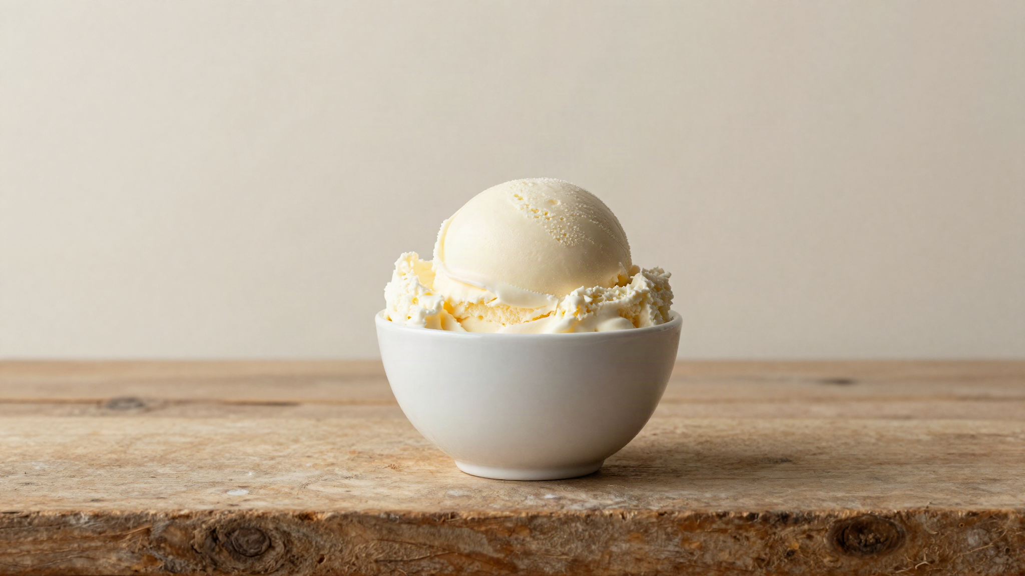 A dense smooth scoop of fior di latte gelato in a small white ceramic cup on aged wood showing thick elastic body