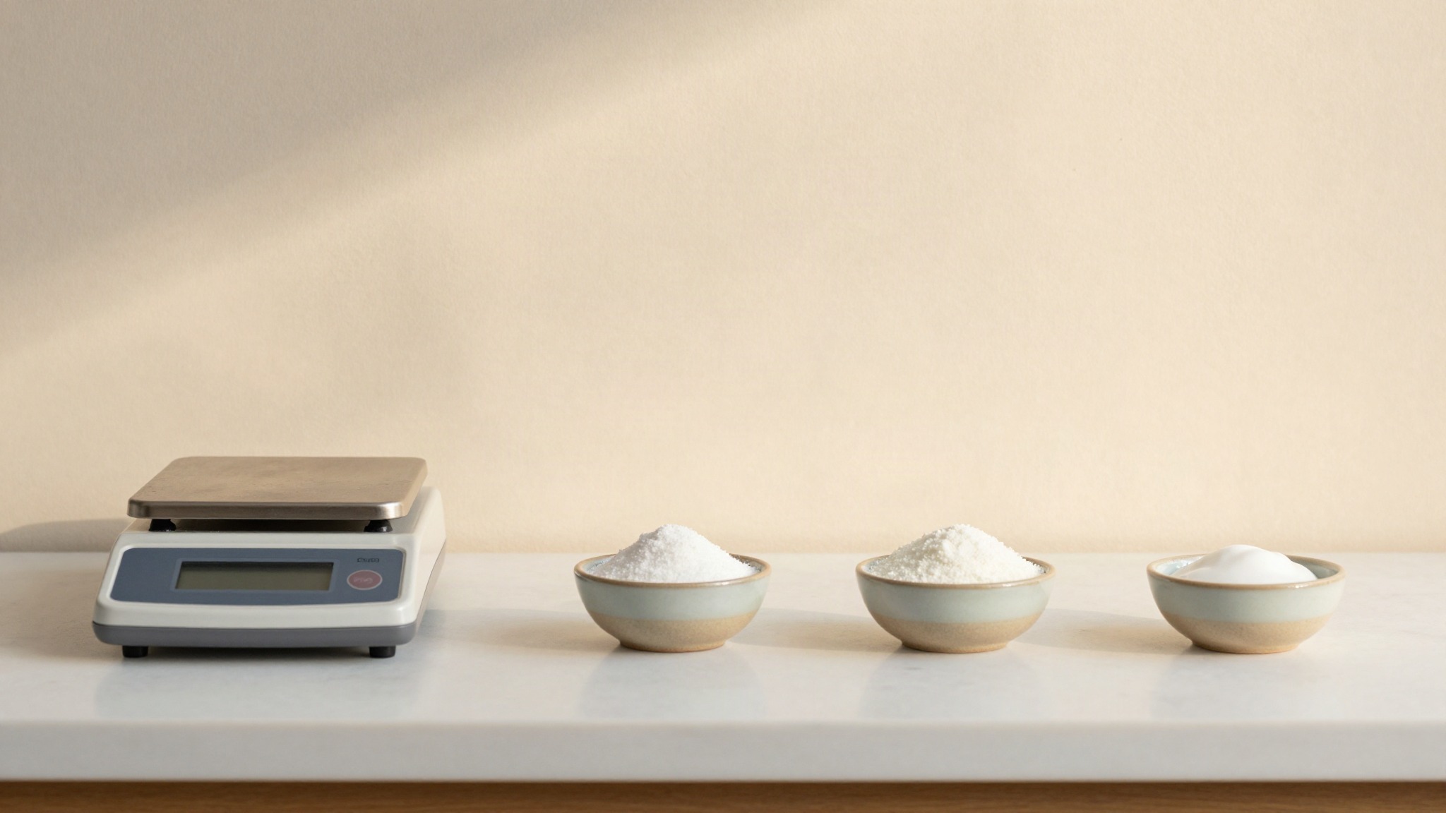A precision scale and three small ceramic bowls of sugar, dextrose and skim milk powder on a gelato lab bench