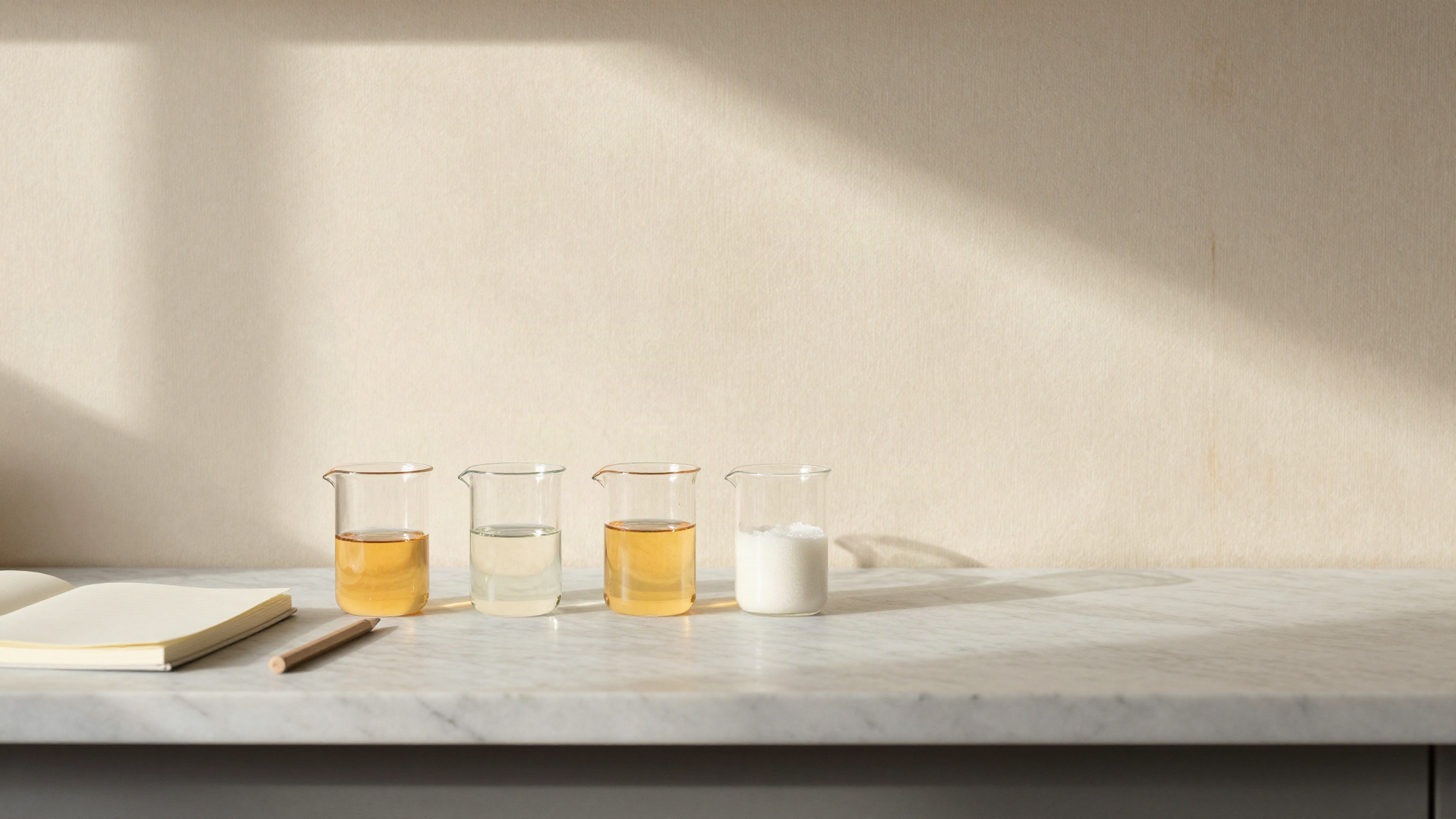 Glass beakers of sugar syrups of different densities lined up beside a closed notebook on a marble bench