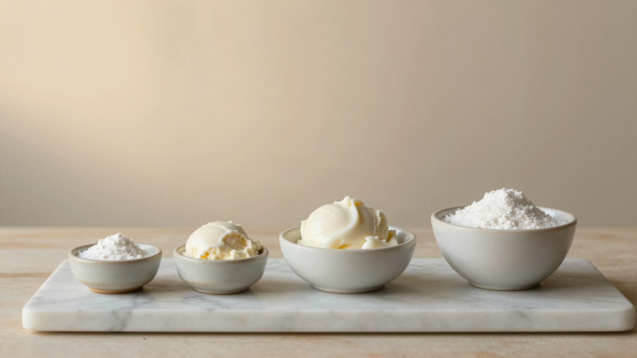 Weighed white gelato base ingredients in small ceramic dishes on a marble counter