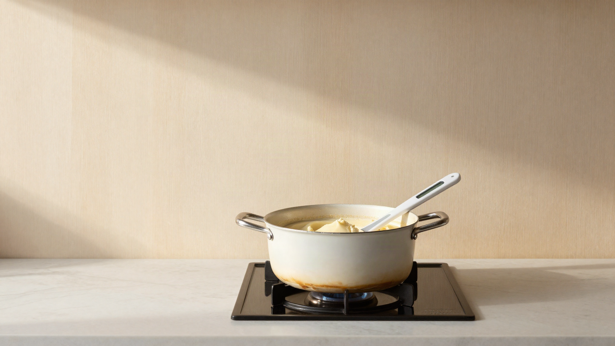 Saucepan of pale gelato base heating with a digital probe thermometer resting in it
