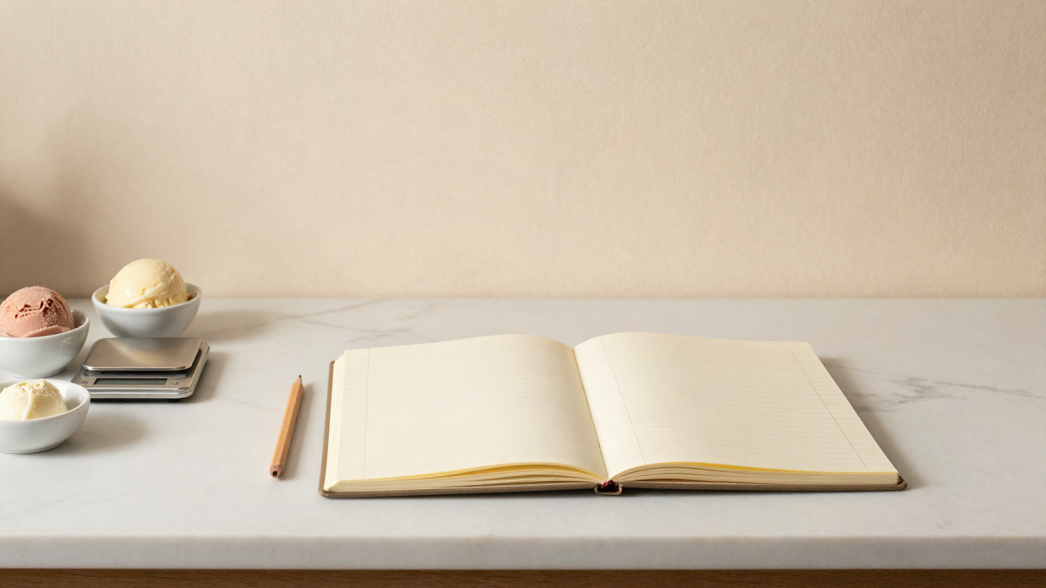 Open blank ruled notebook with a pencil, a small digital scale and ceramic dishes of gelato ingredients on a marble counter