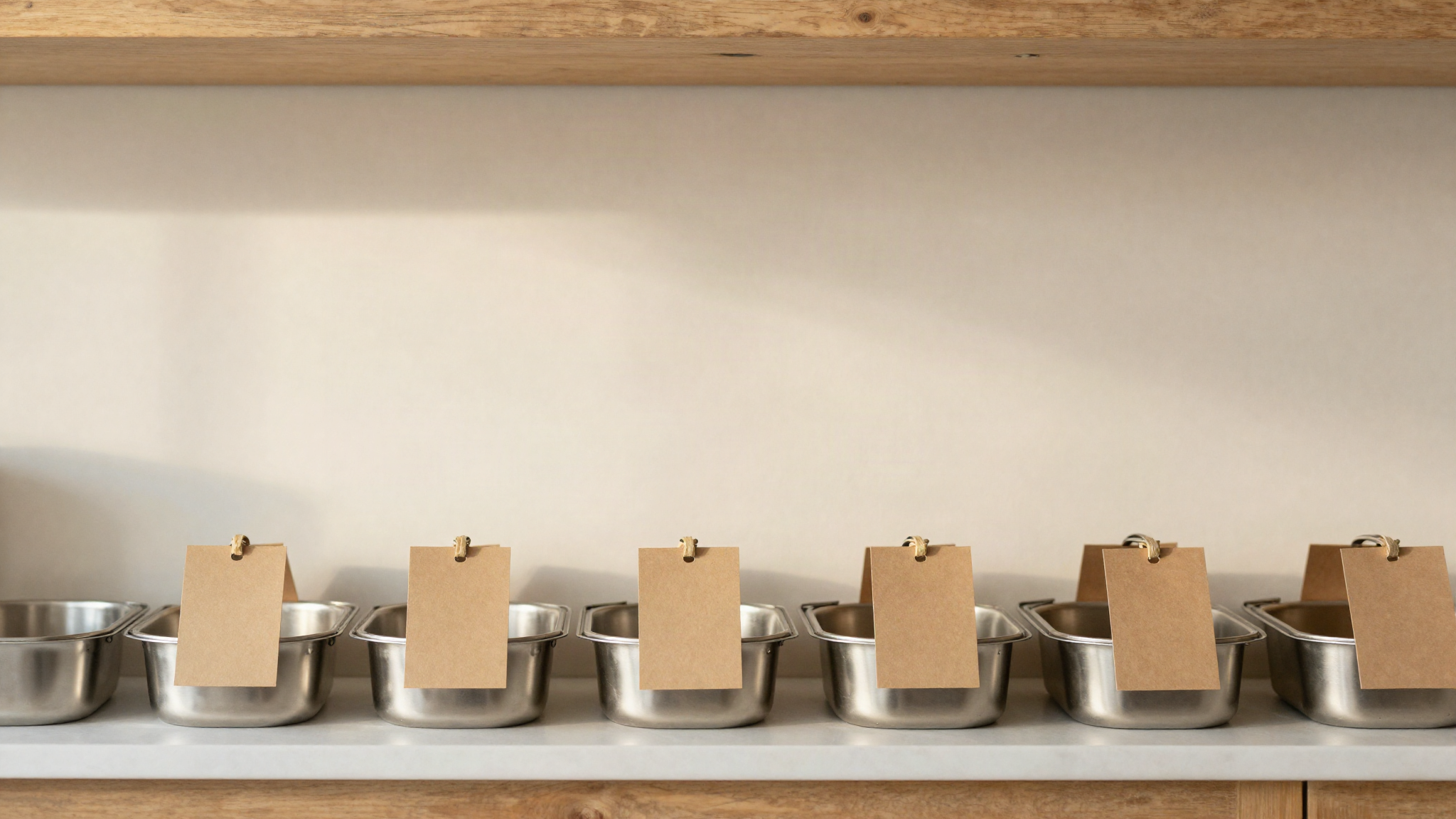 Row of identical stainless gelato pans with blank kraft paper tags tied to their handles on a lab shelf