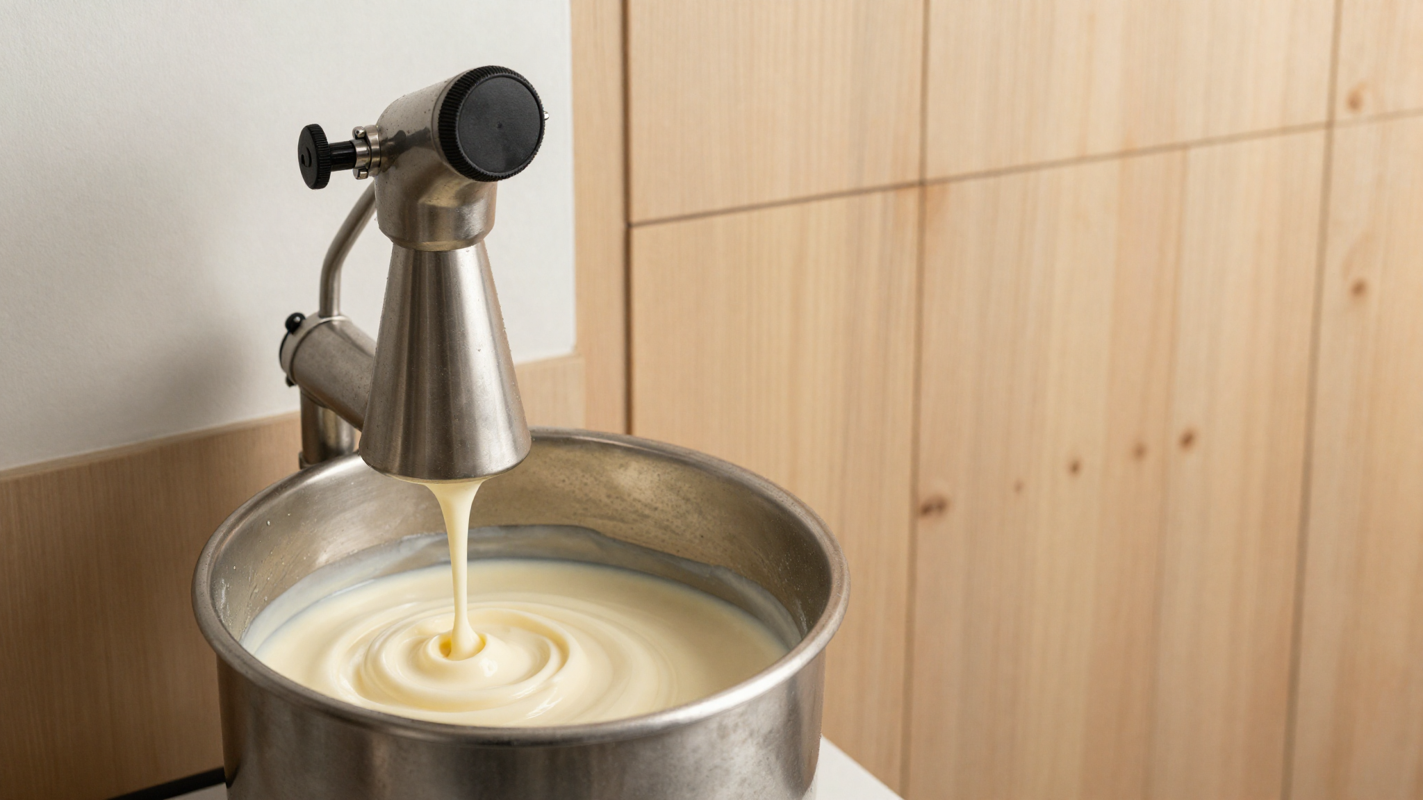 Pale gelato base in a steel pasteurizer showing slight browning from heat