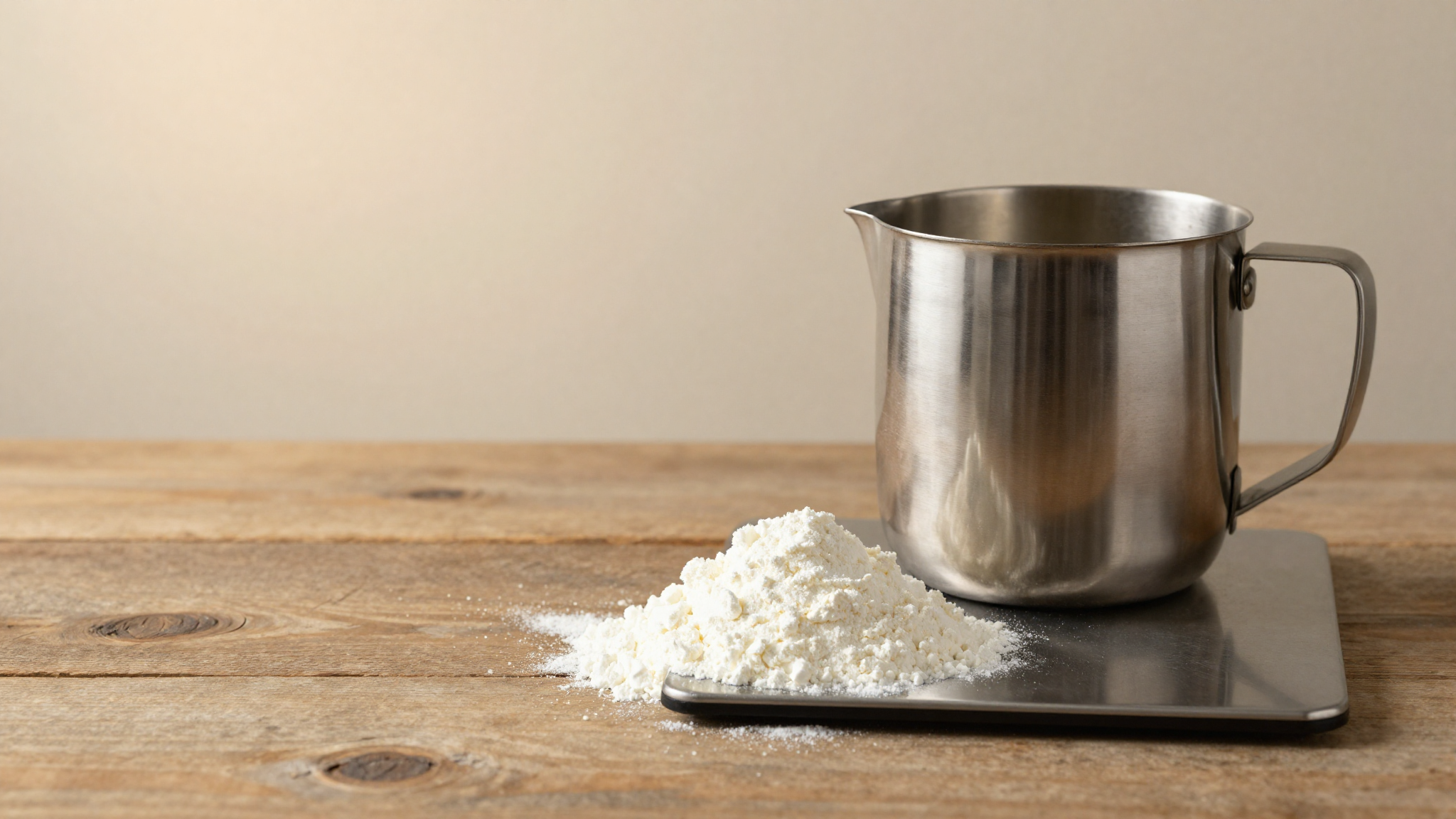 Close-up of skim milk powder being weighed on a small scale beside a steel mixing jug