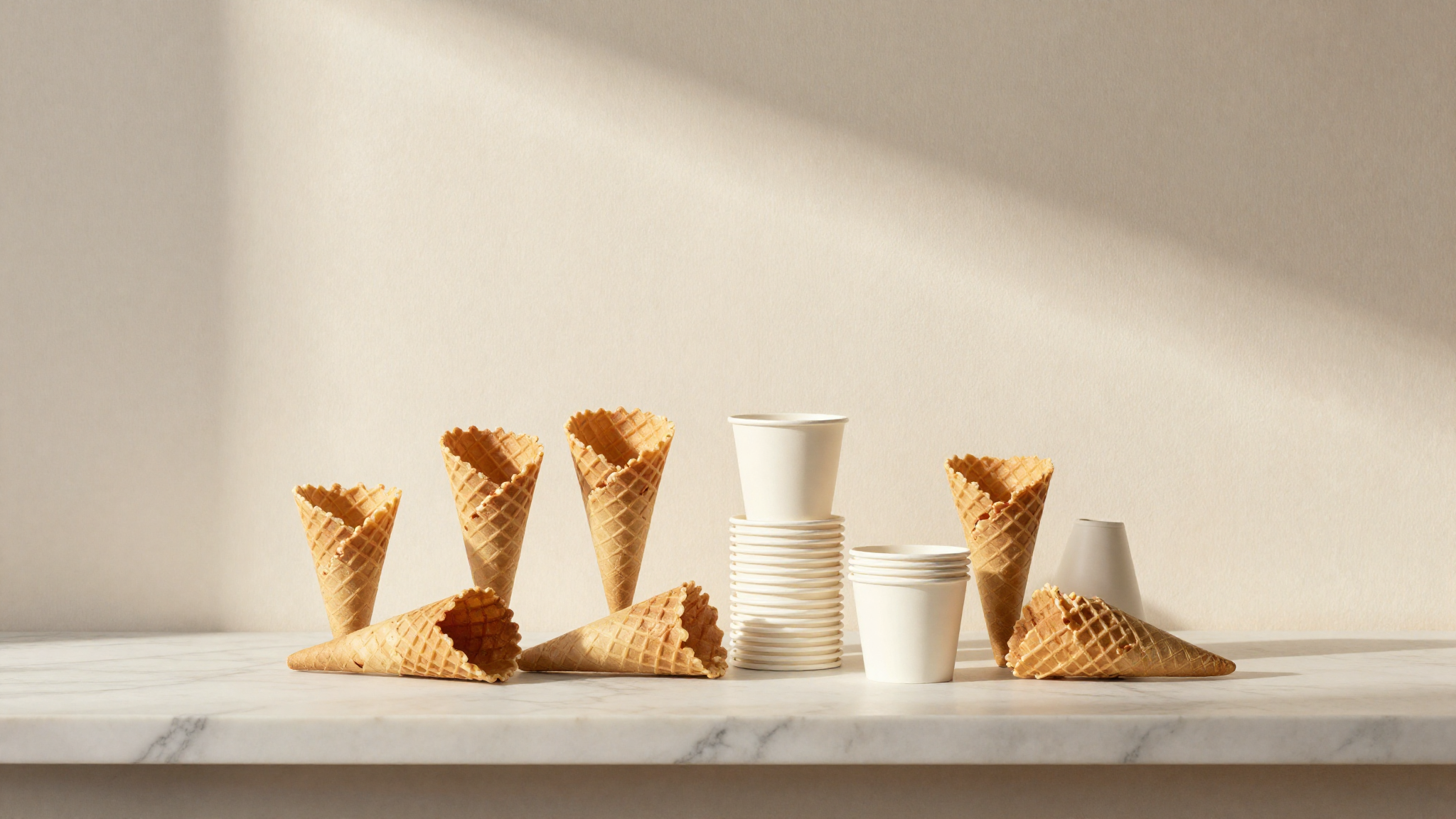 Artisanal waffle cones and stacked compostable gelato cups on a marble counter