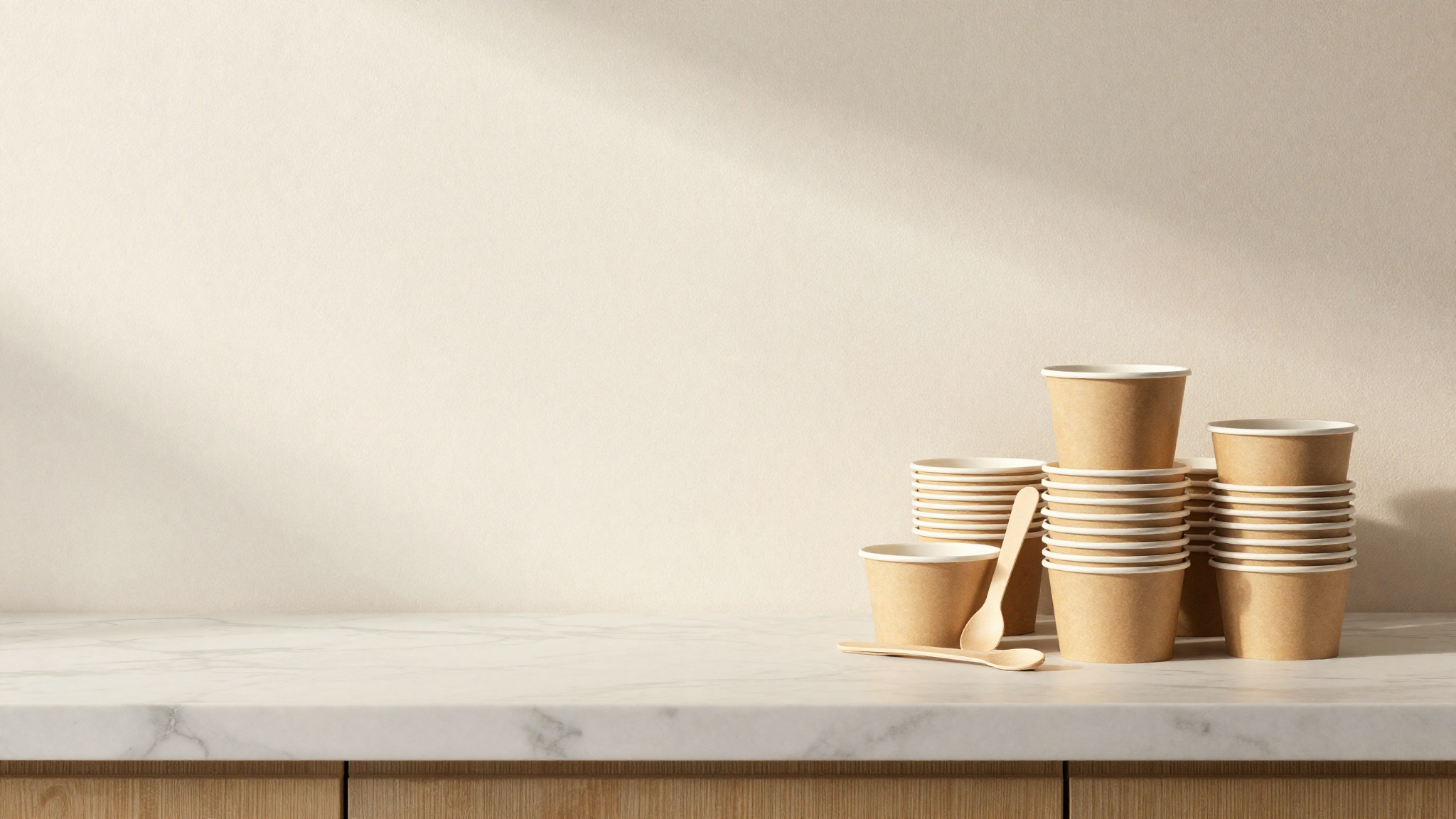 Stack of compostable kraft paper gelato cups with wooden tasting spoons