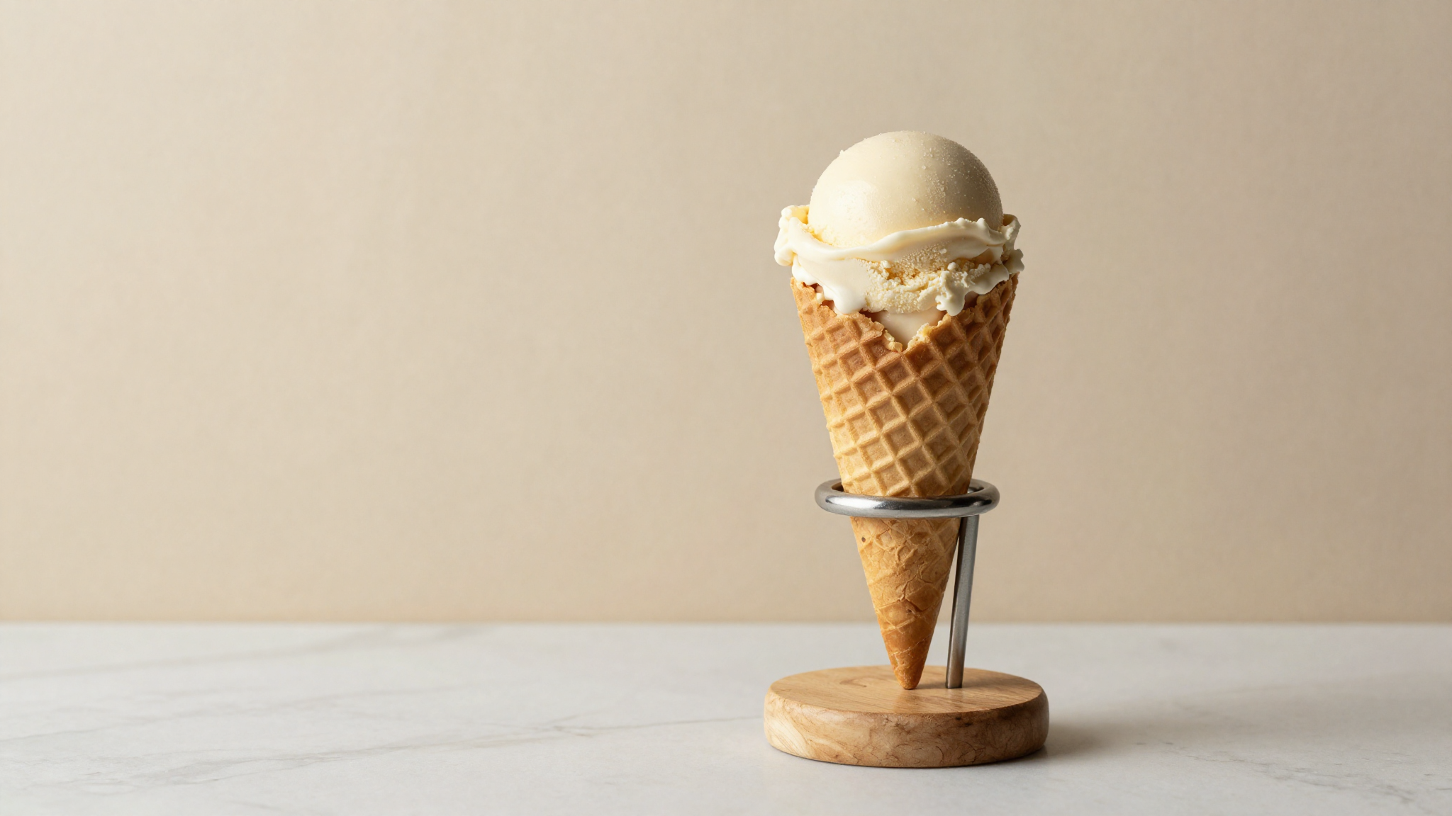 Freshly filled artisanal waffle cone with a neat quenelle of pale gelato