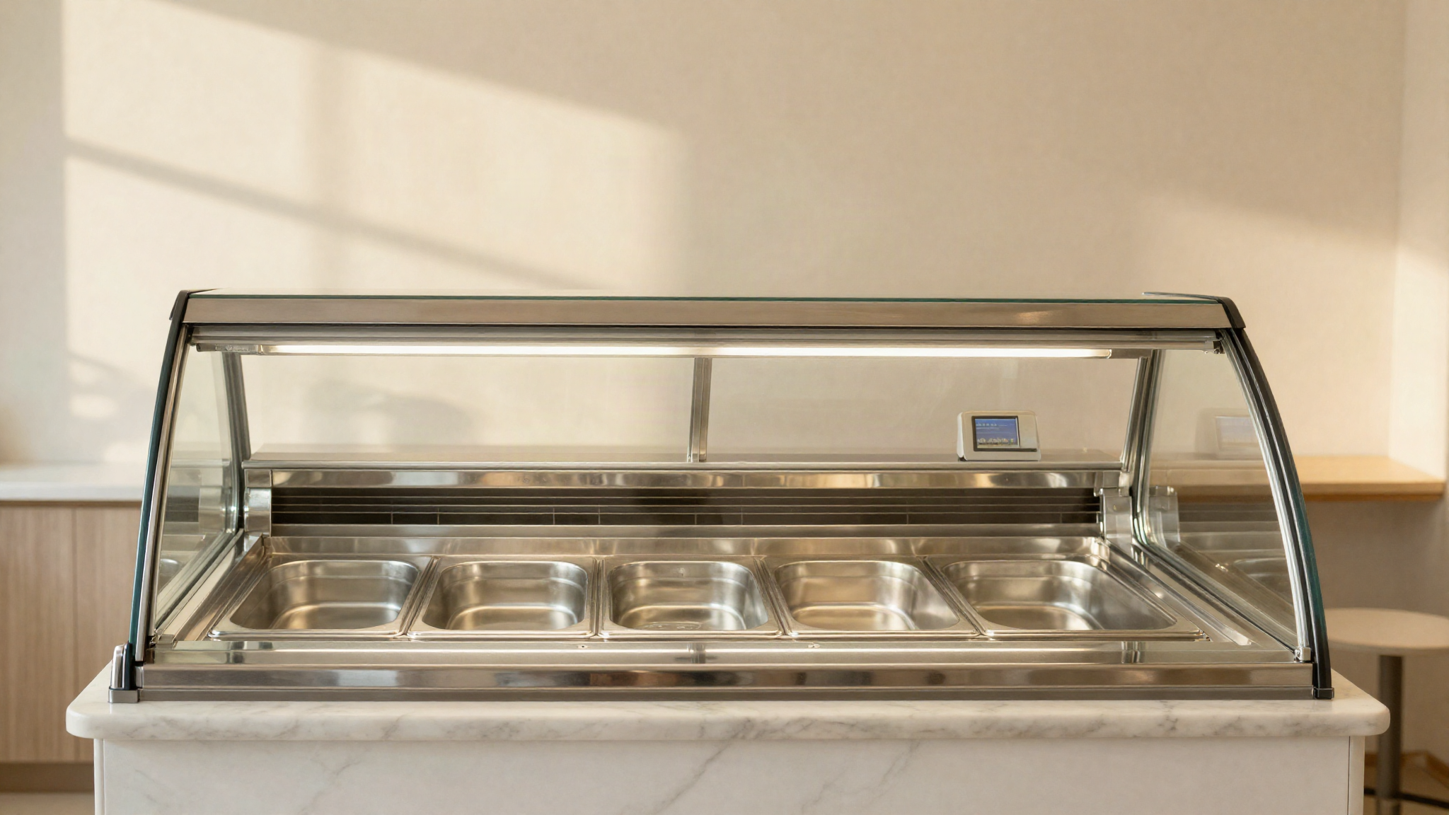 Polished stainless gelato display case with curved glass and a digital thermostat panel in an Italian gelato lab
