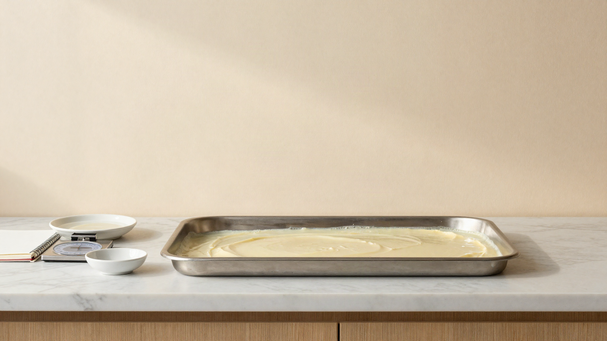 Shallow stainless tray of pale semi-frozen gelato base on a marble counter with a notebook and a small scale