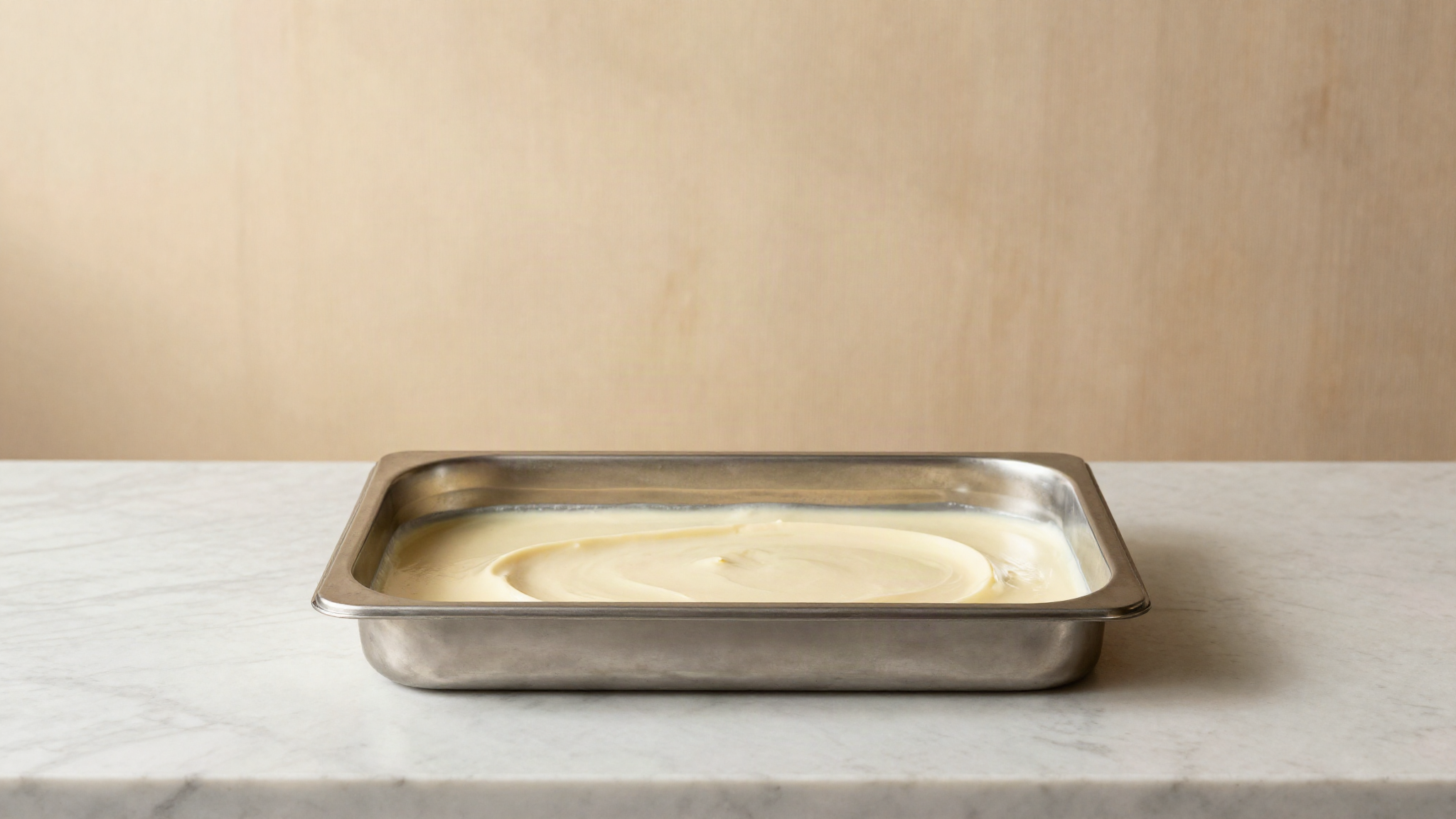 Shallow stainless steel tray of smooth pale gelato base ready for the freezer on a marble counter