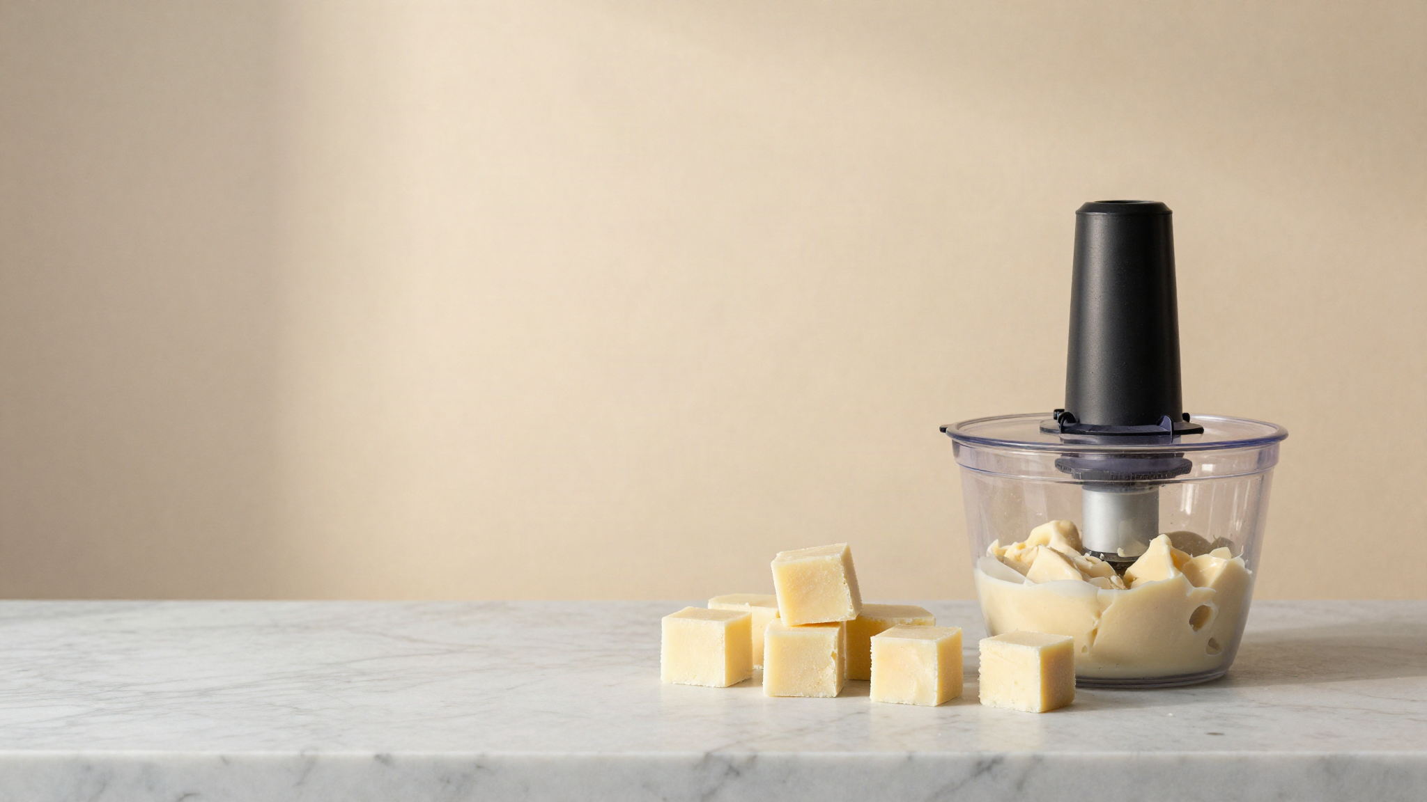 Frozen cubes of pale gelato base beside a clean food processor bowl on a marble counter