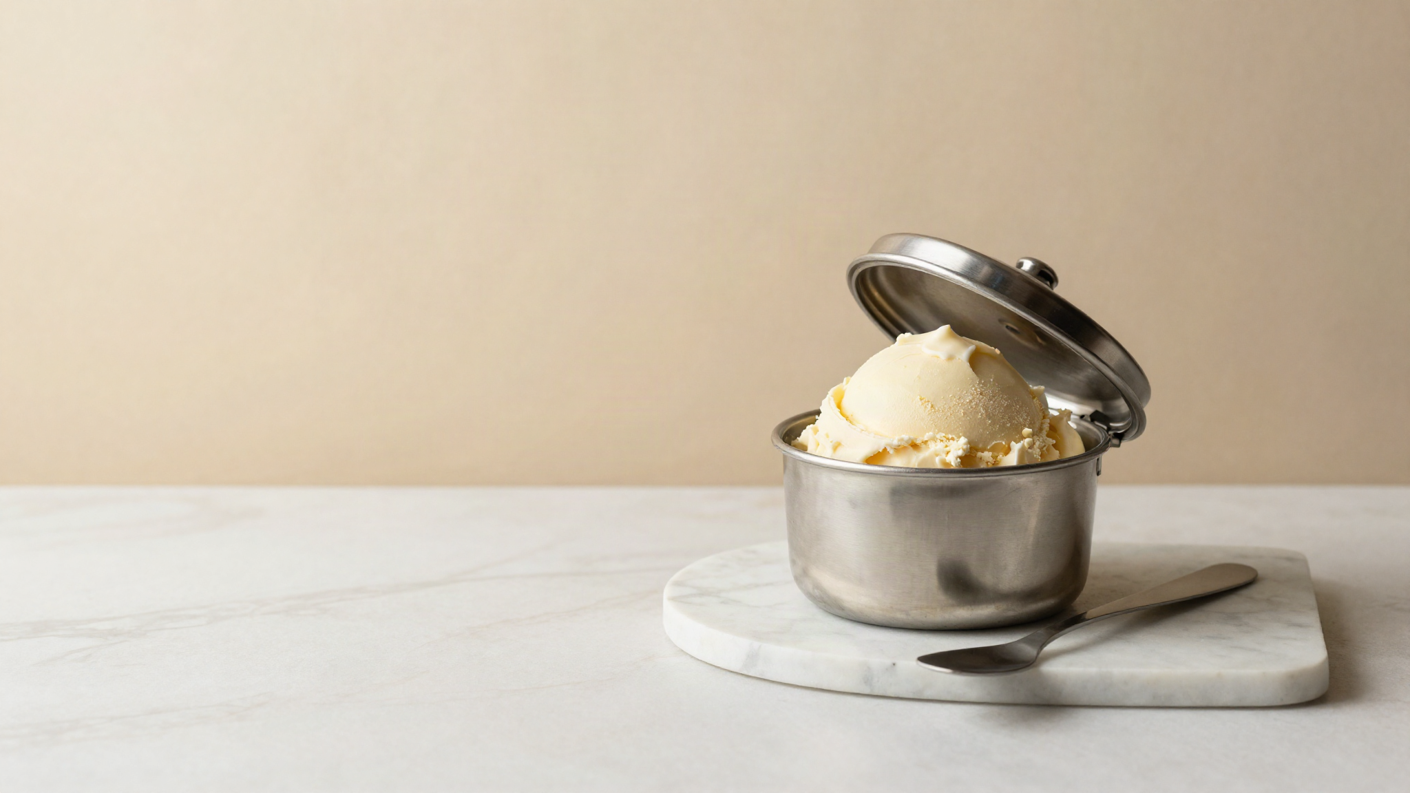 Lidded stainless container of freshly processed pale gelato with a small spatula on marble