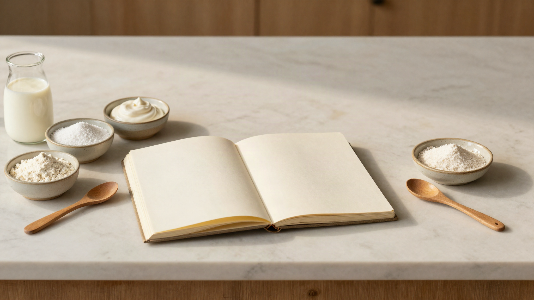 Ingredients and a notebook laid out on marble for a gelato mix costing exercise