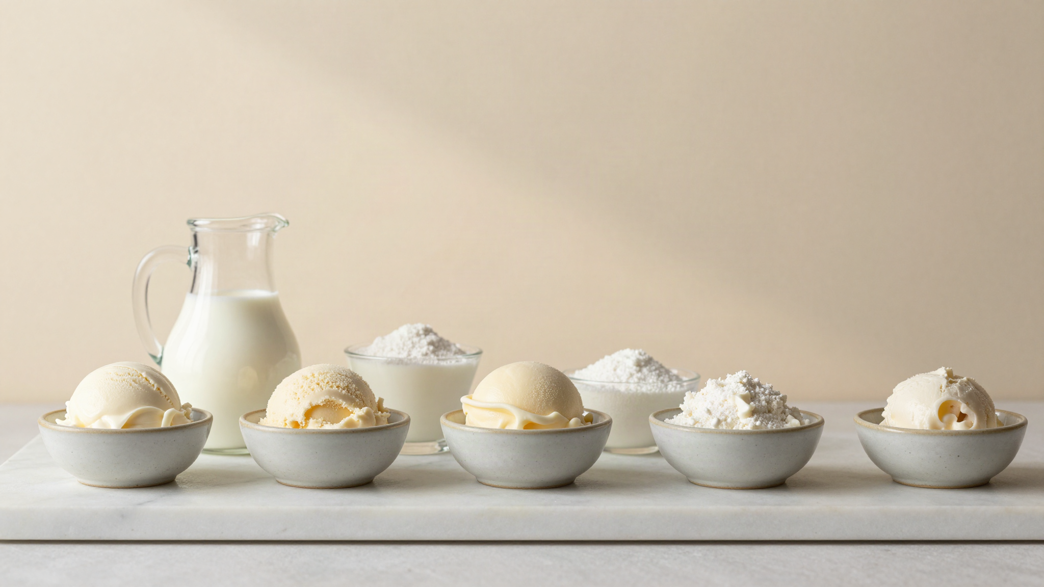 Ceramic bowls of milk, cream, sugar and milk powder weighed out for a gelato base