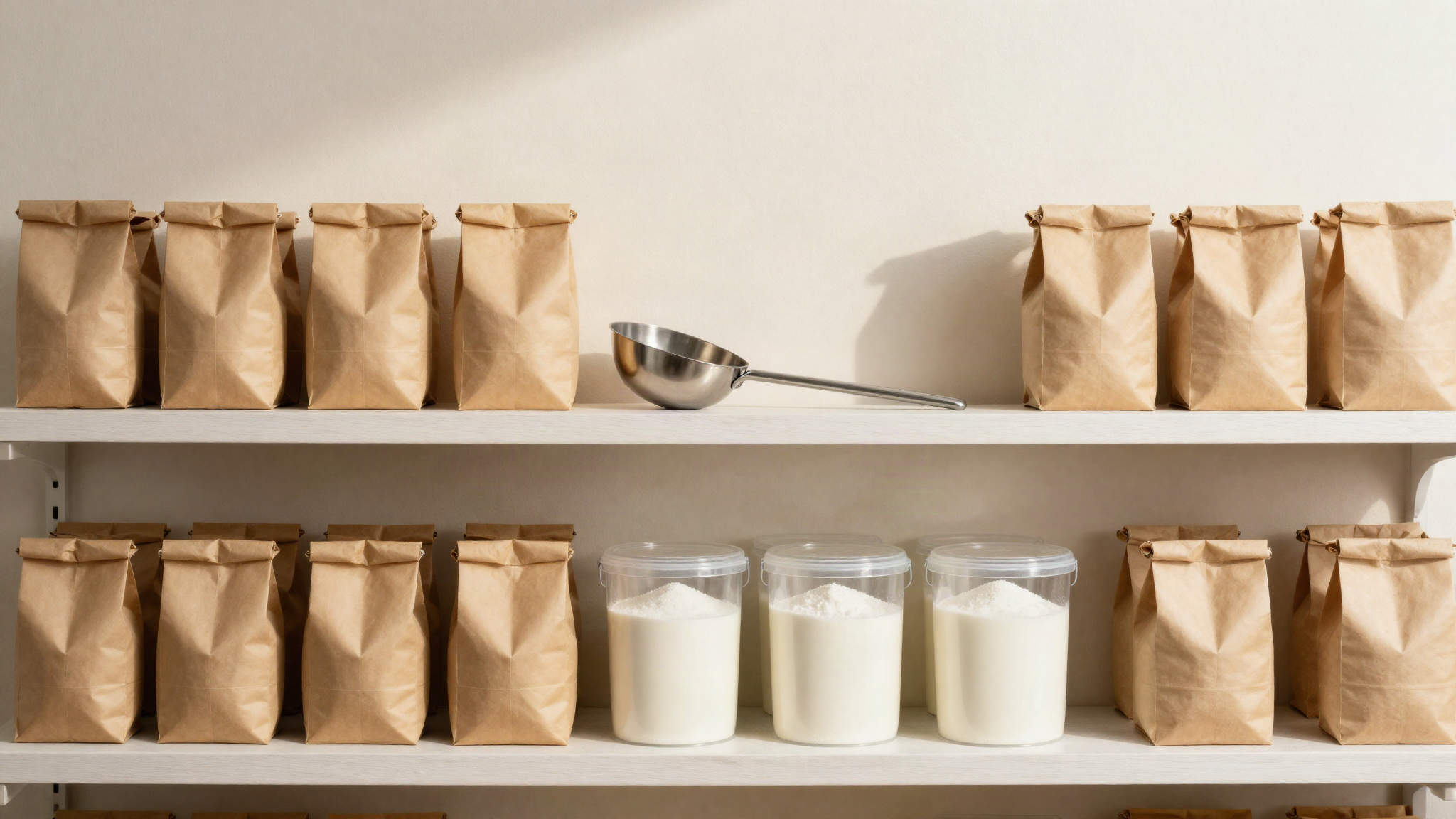 Sacks and buckets of bulk sugar and milk powder on a gelato lab pantry shelf