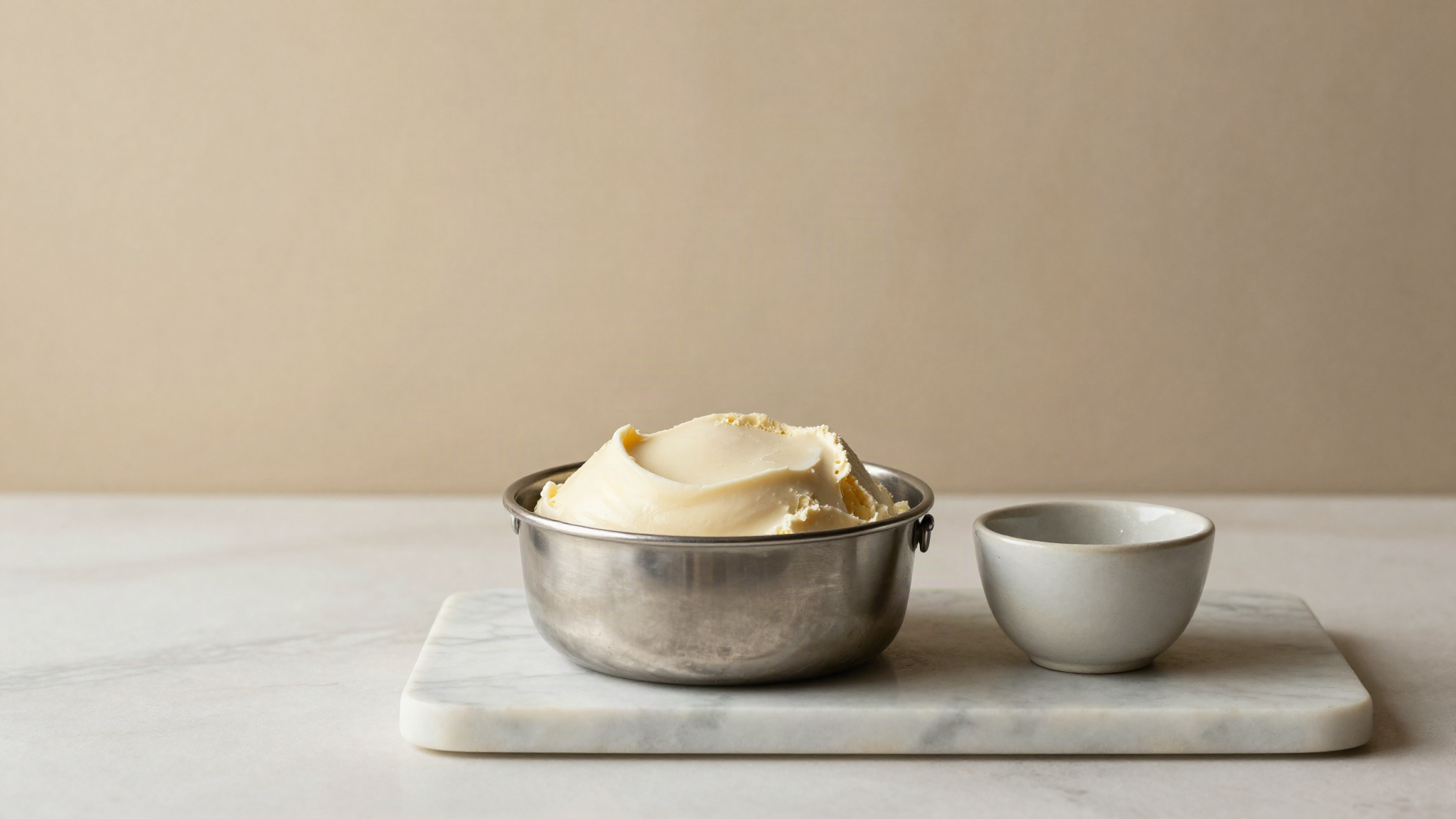 A stainless steel pan of freshly spatulated gelato beside an empty ceramic cup
