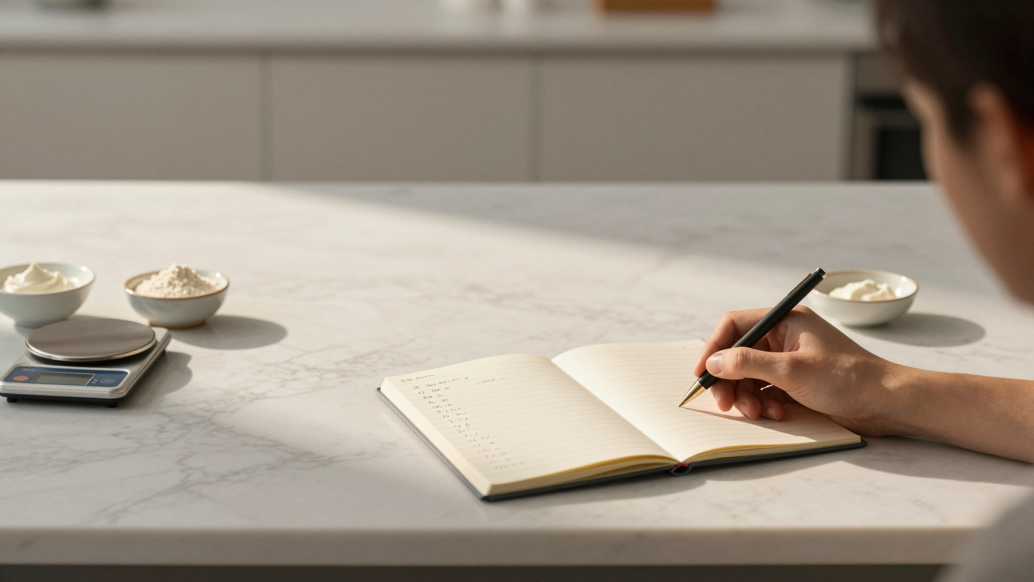 A scale, notebook and dairy ingredients laid out for an MSNF calculation