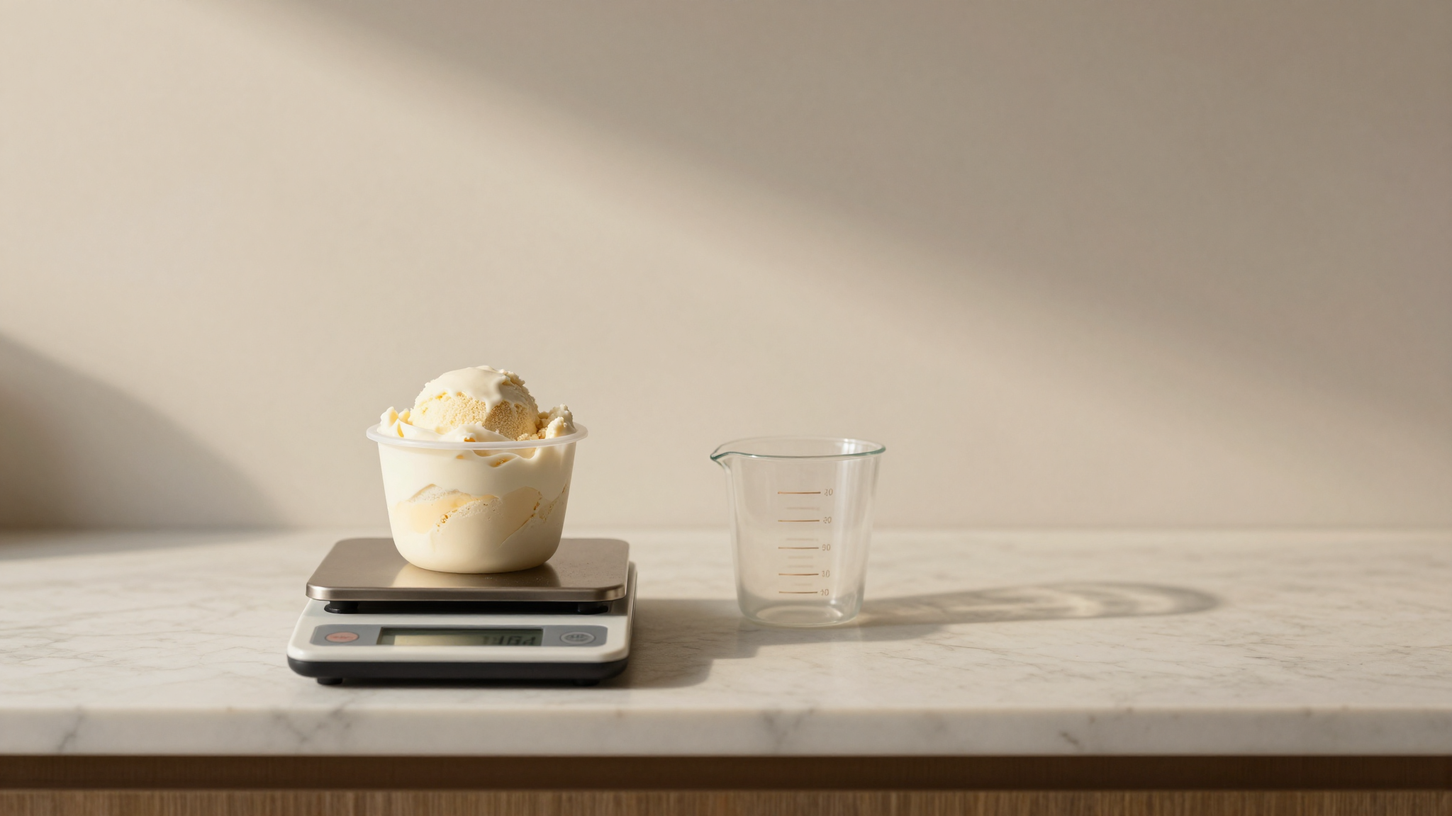 A dense scoop of gelato on a kitchen scale beside a measuring cup on marble