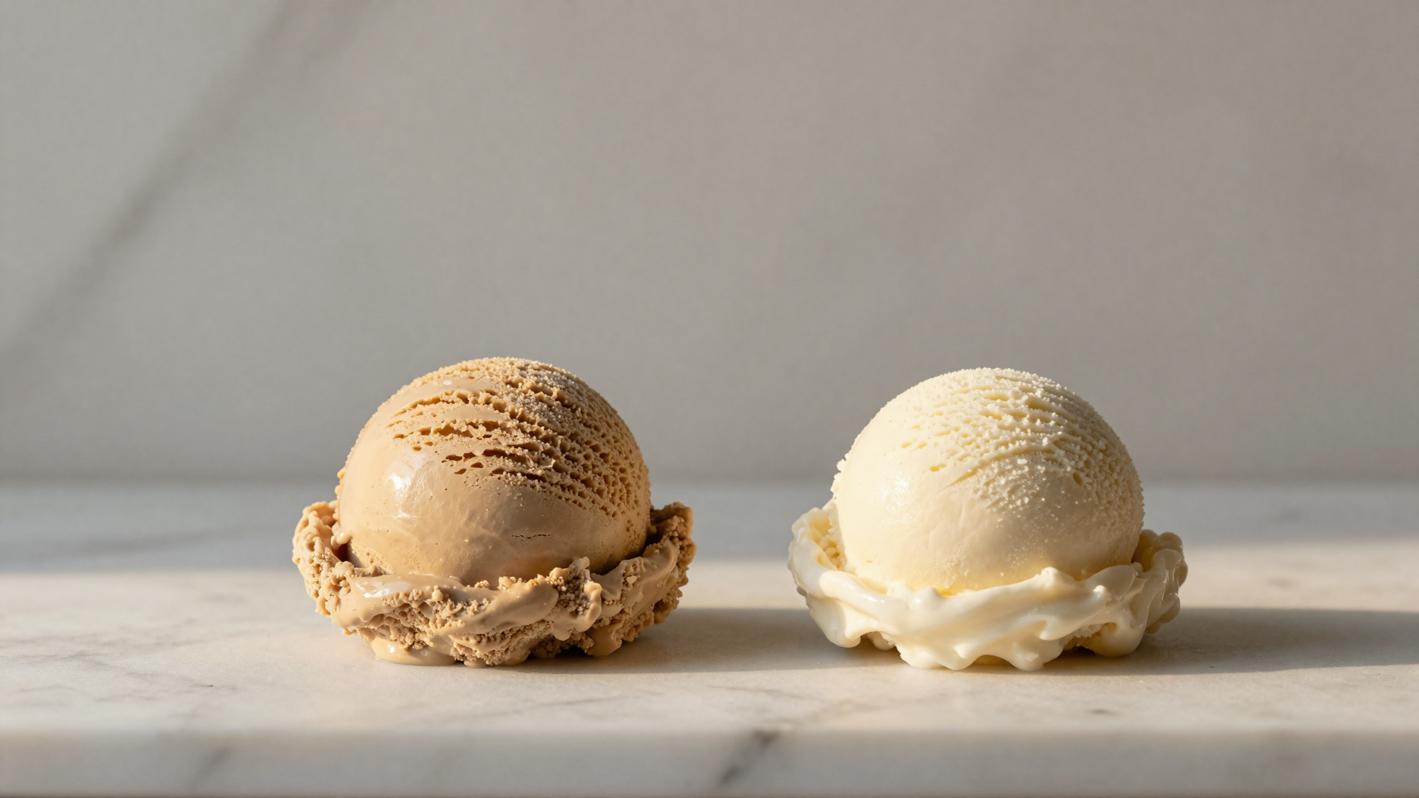 Two scoops of gelato side by side, one dense and one airy, on marble