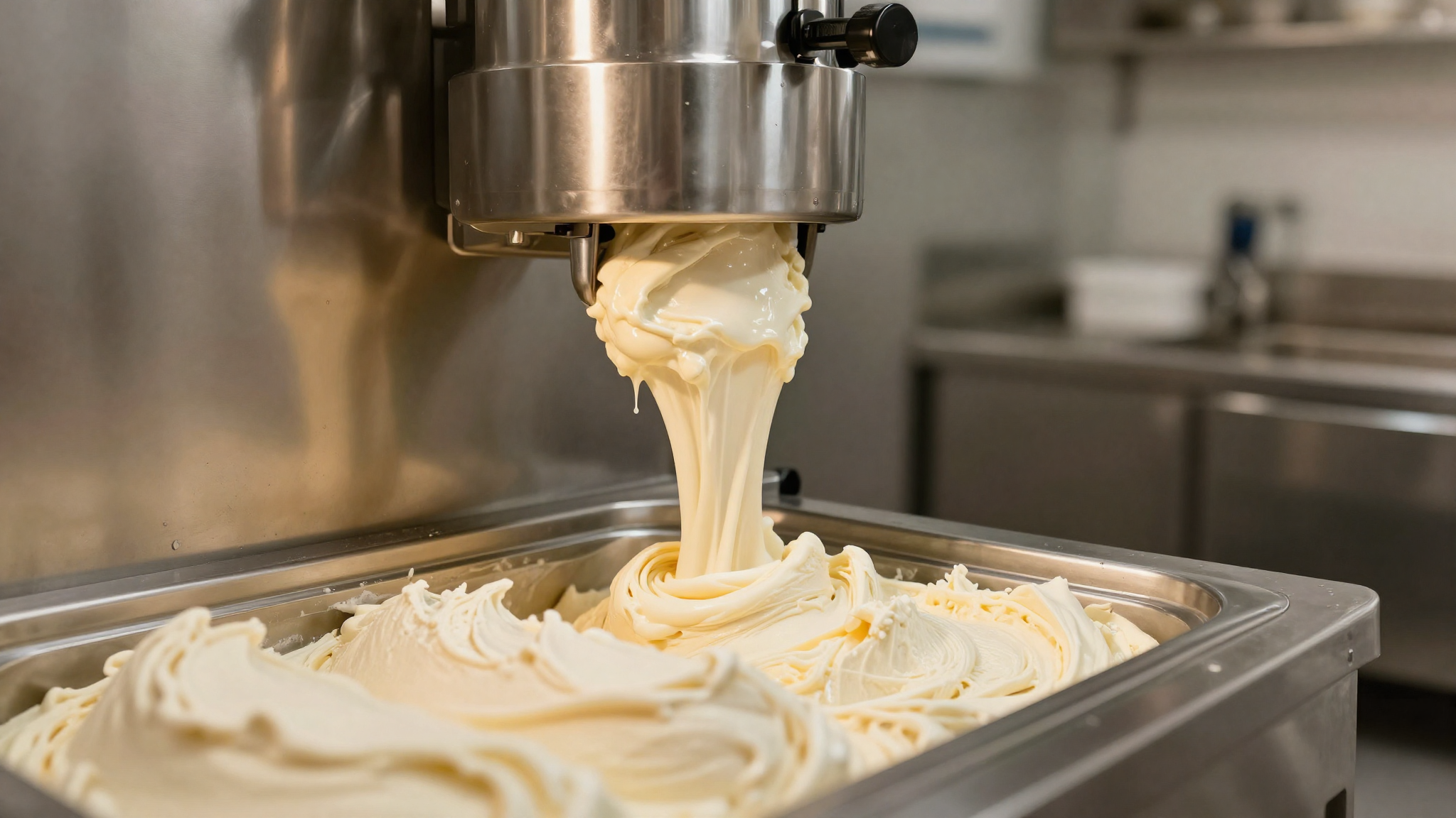 Dense gelato being drawn from a batch freezer in a clean Italian lab