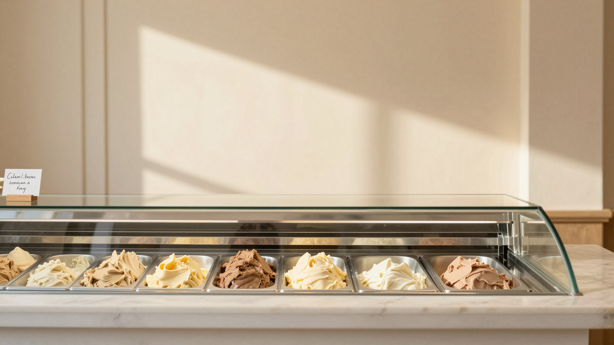 Customer-eye view of a gelateria display case