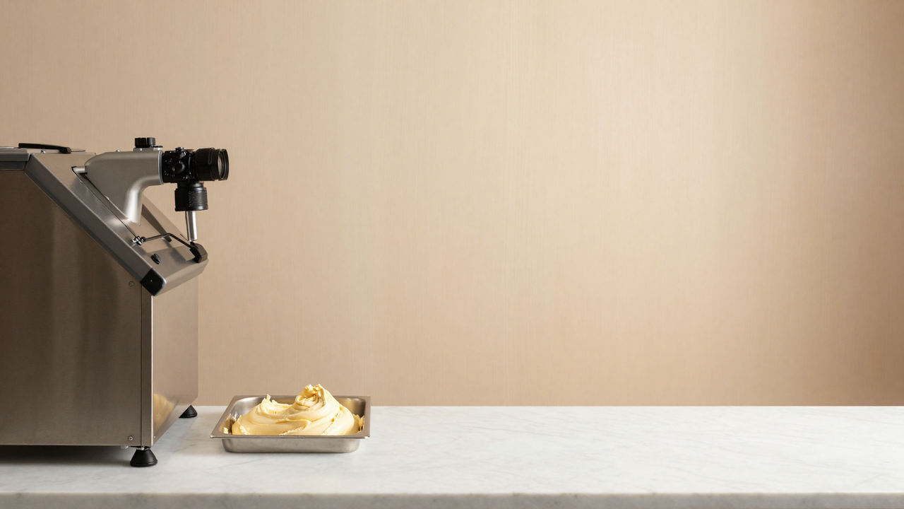 Stainless batch freezer and a fresh pan of just-churned gelato in an Italian gelato lab