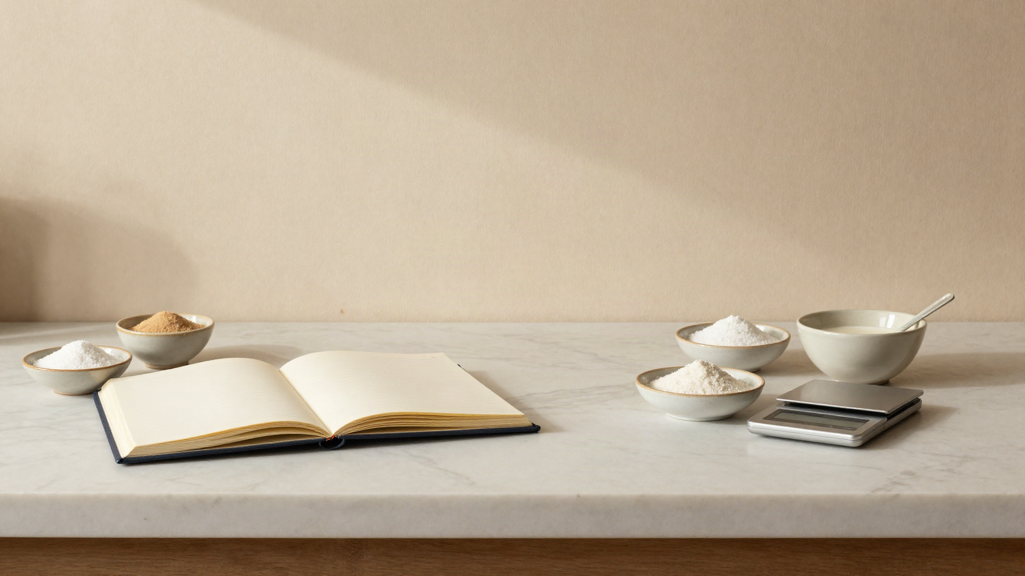 Marble counter seen from above with an open notebook, a small digital scale and three ceramic dishes of sugar and milk powder