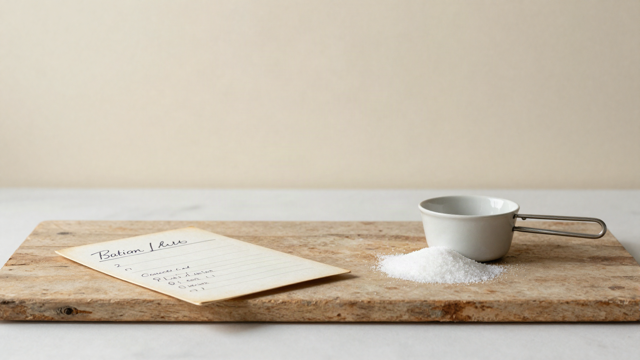 Worn handwritten recipe card on aged wood beside a measuring cup and a small pile of white sugar