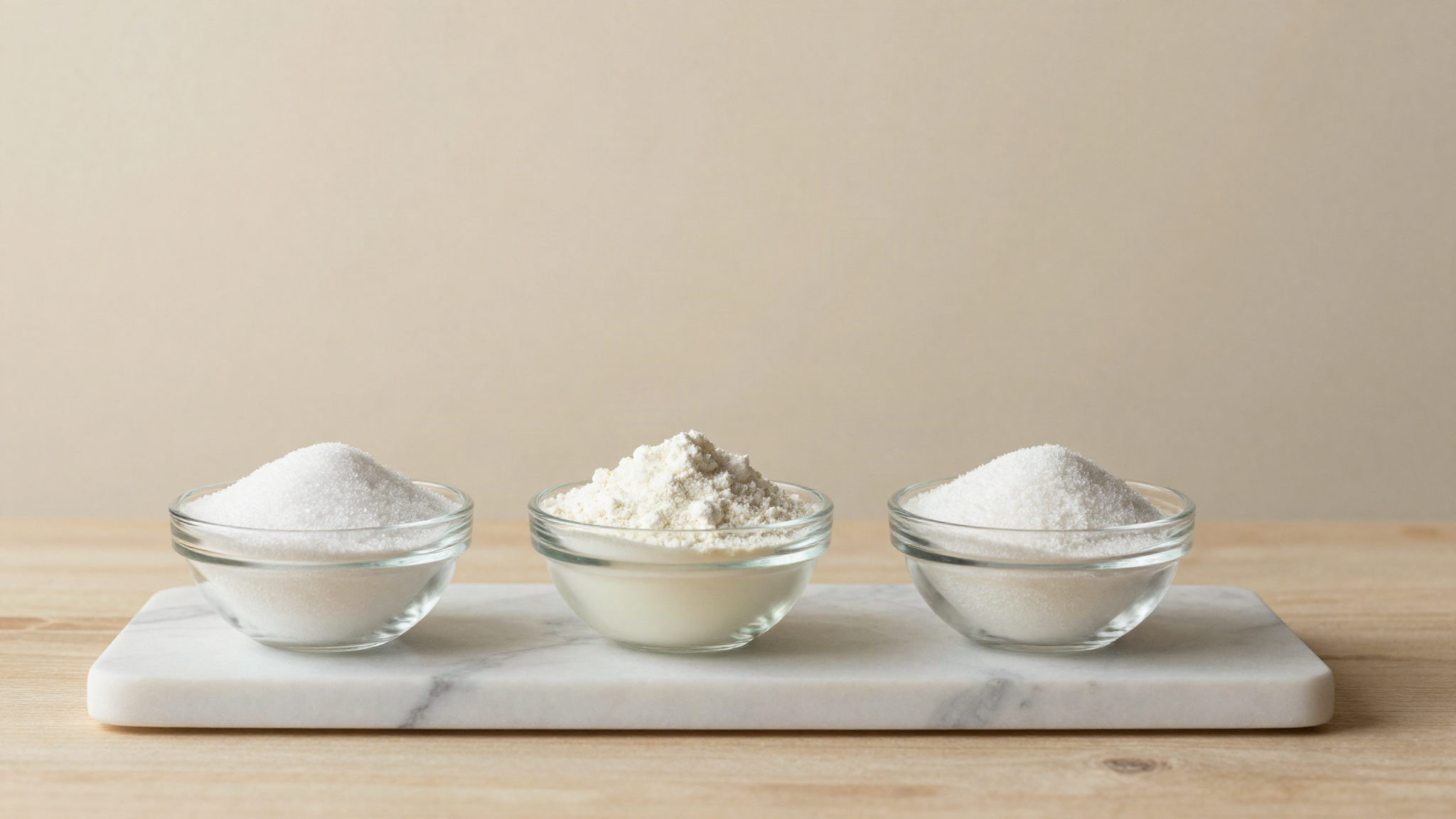 Three small glass bowls on white marble holding granulated sugar, fine dextrose powder and skim milk powder