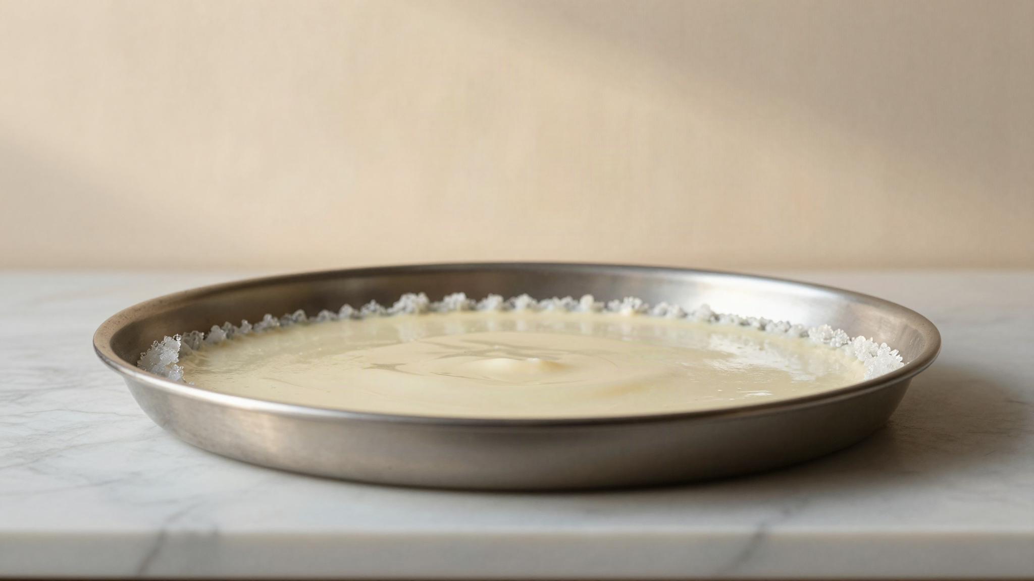 A wide shallow stainless steel pan of pale gelato base with frosted edges and a still liquid centre on a marble counter