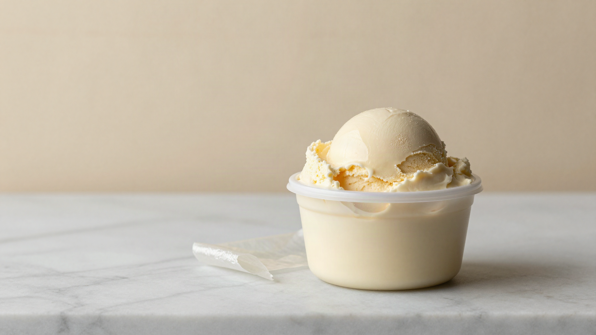 A soft scoop of freshly hand churned pale gelato in a chilled airtight container with cling film folded aside