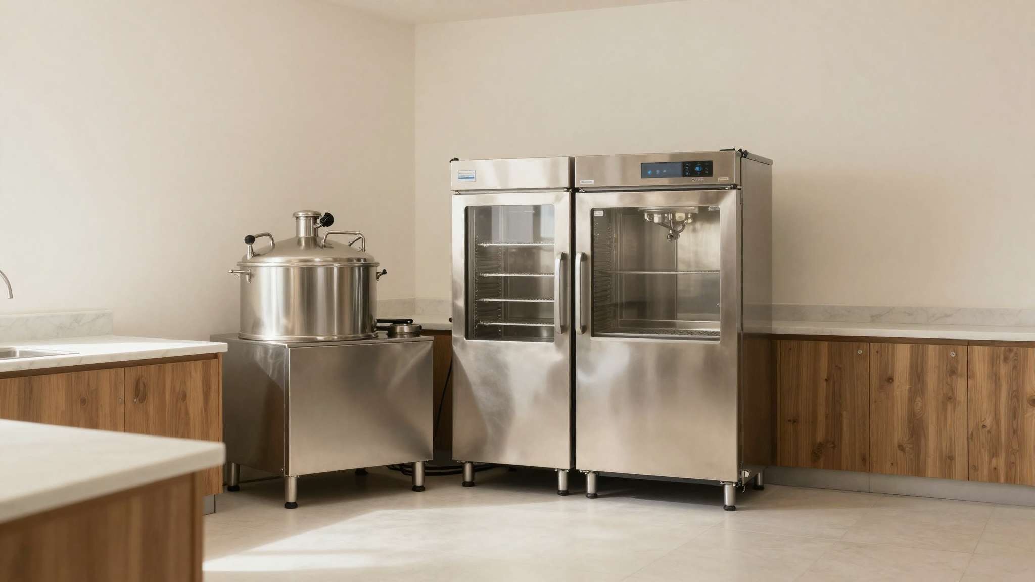 Professional italian gelato laboratory with stainless steel pasteurizer batch freezer and blast chiller equipment